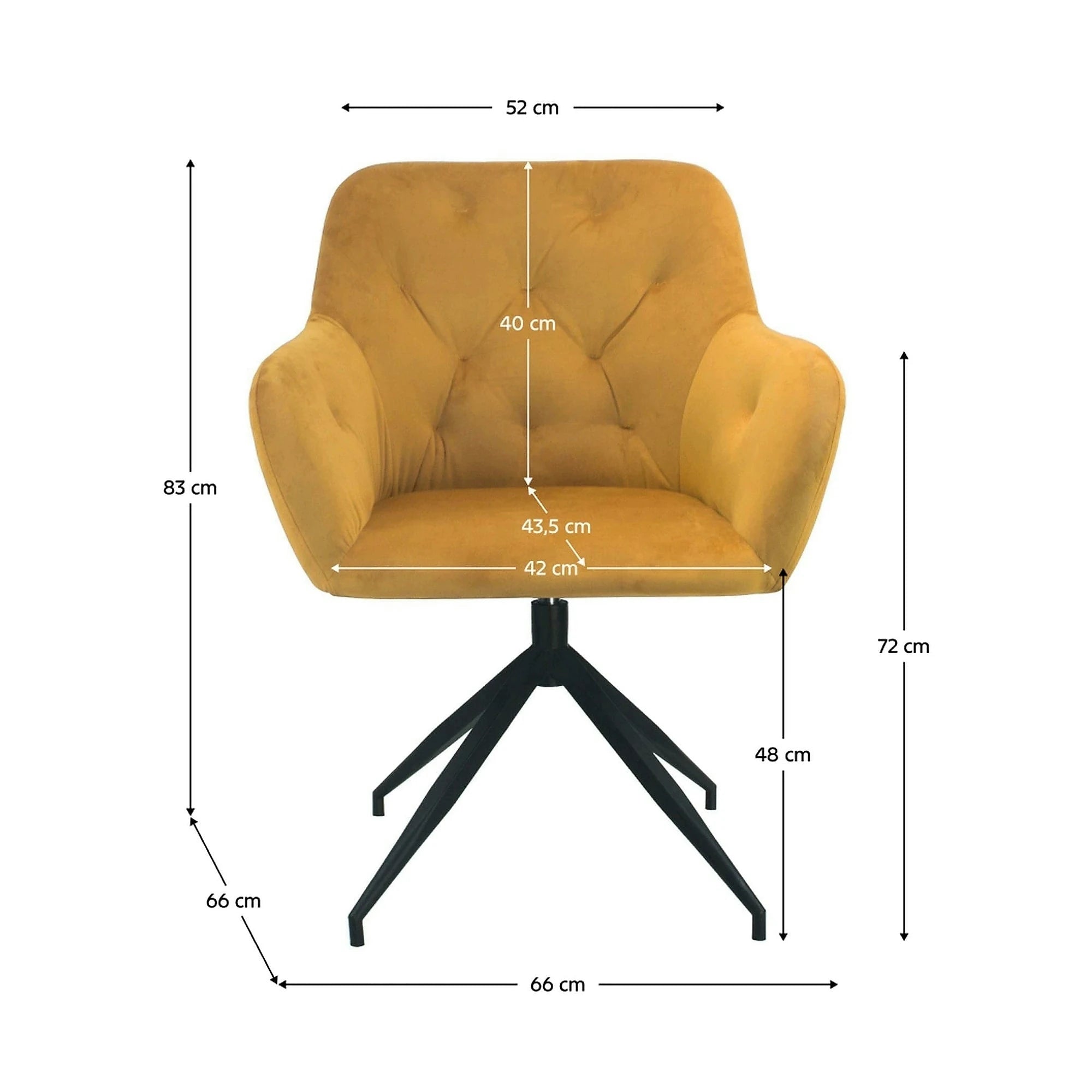 Scaun VELEZA NEW, galben mustar/negru, stofa catifelata/metal, 66x66x83 cm