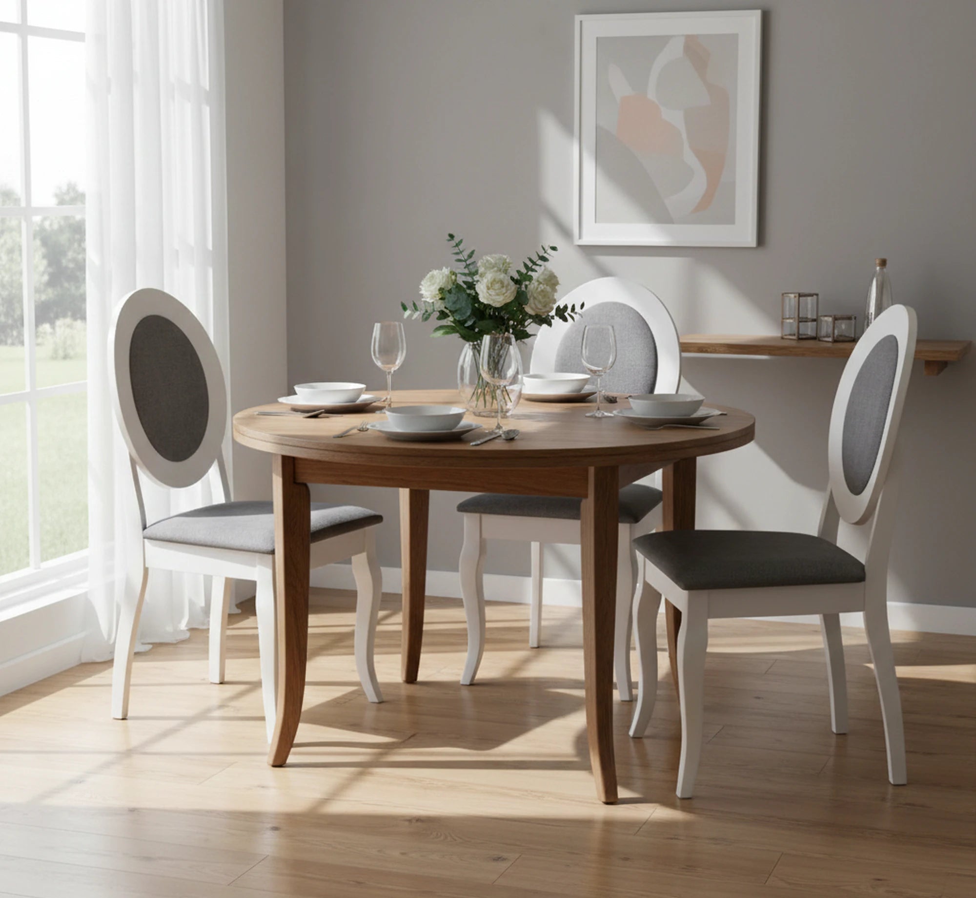 Scaun BAROCK, alb/gri, lemn de cauciuc, 45x51x93 cm