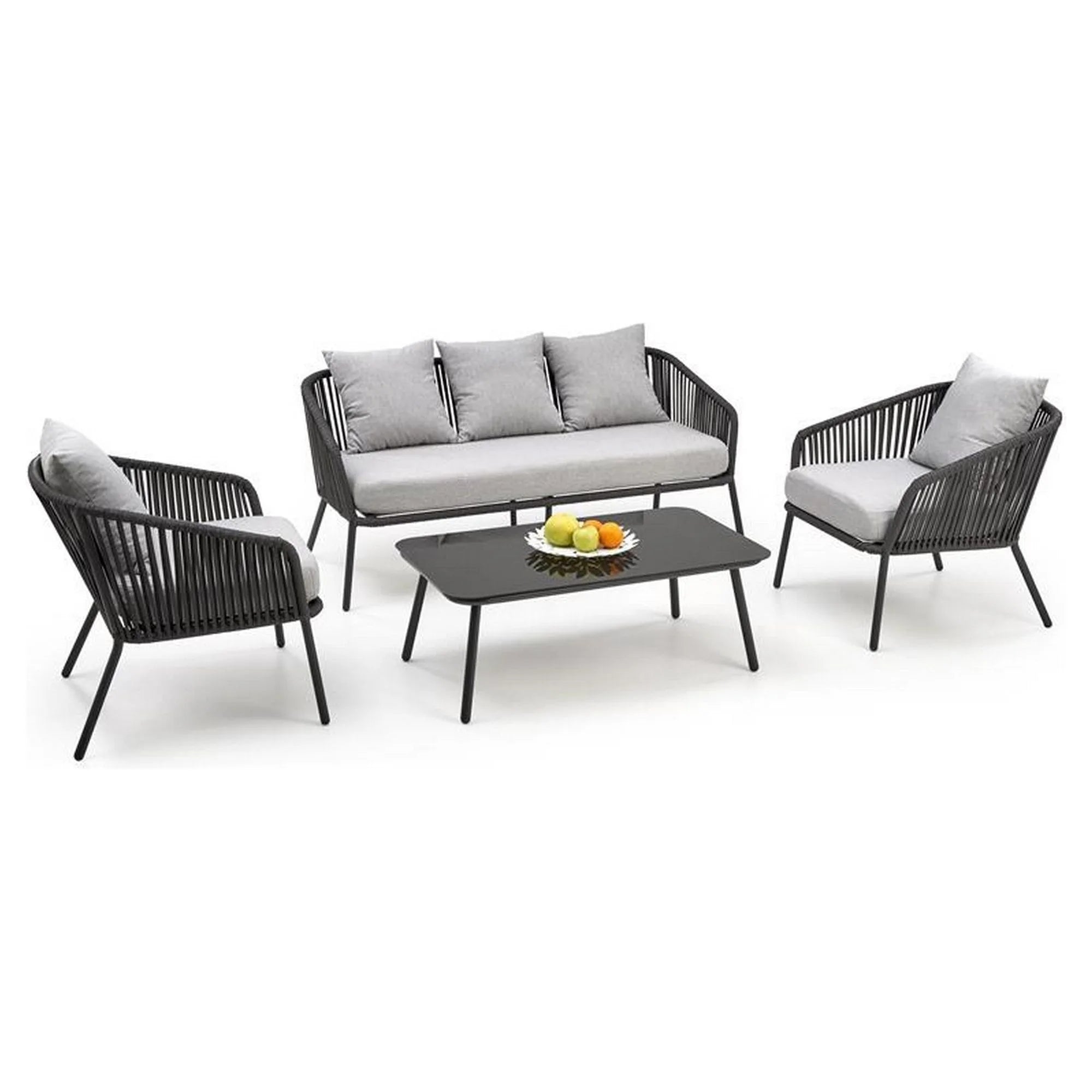 Set gradina ROCCA, gri, sticla/otel/stofa, cu masuta, 2 scaune si canapea