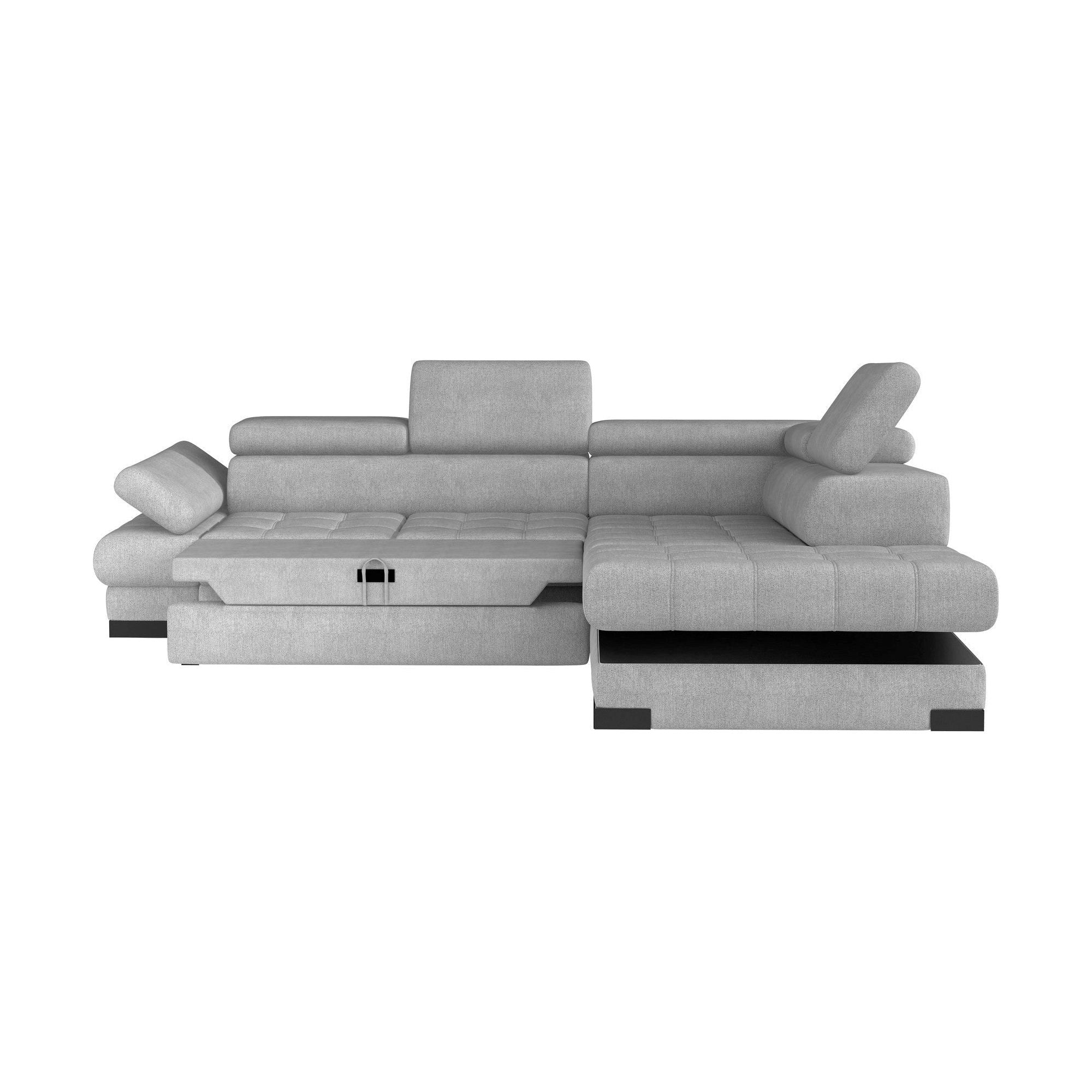 Coltar extensibil SELVA L, sezlong dreapta, stofa catifelata bej - Whisper 03, Gama Premium, cu lada depozitare si tetiere reglabile, 263x223x95 cm