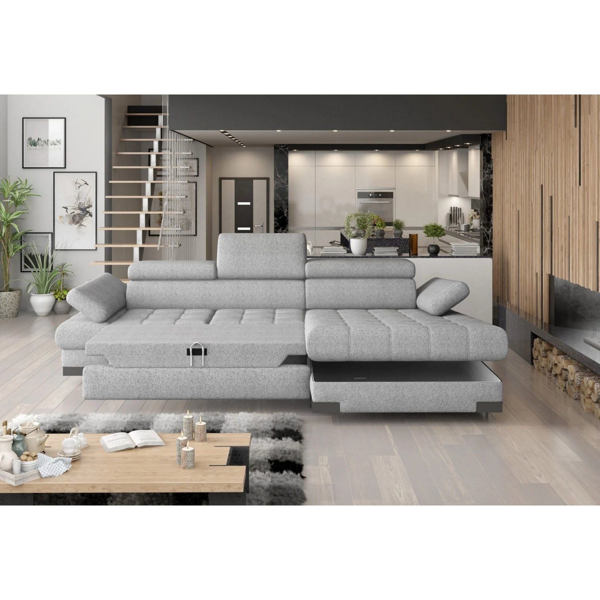 Coltar extensibil SELVA MINI, sezlong dreapta, stofa catifelata gri - Palladium 15, Gama Premium, cu lada depozitare si tetiere reglabile, 270x173x95 cm