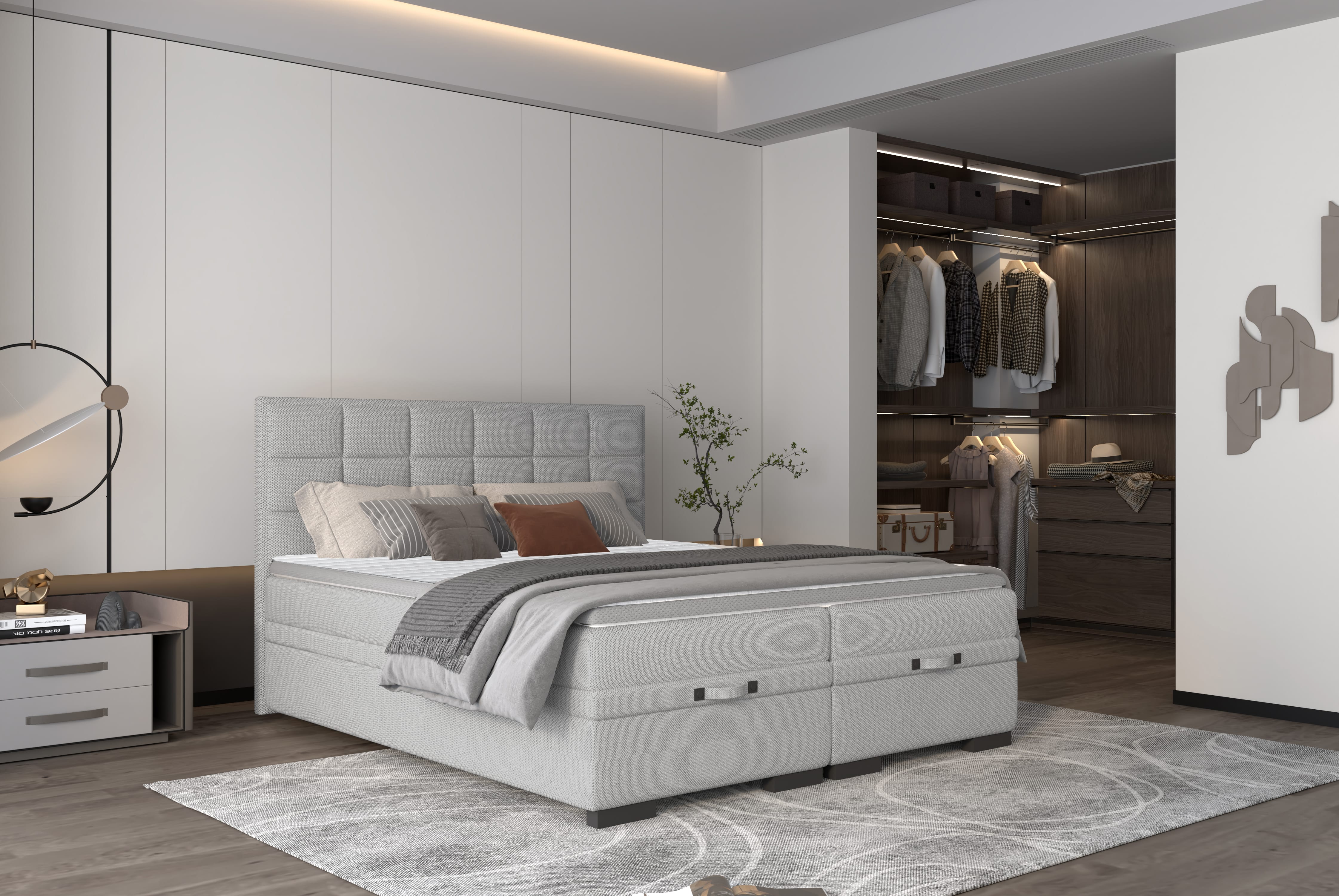 Pat boxspring SEMENO 160x200, personalizabil materiale Gama Oferta Avantaj, cu saltele, spatiu depozitare si topper