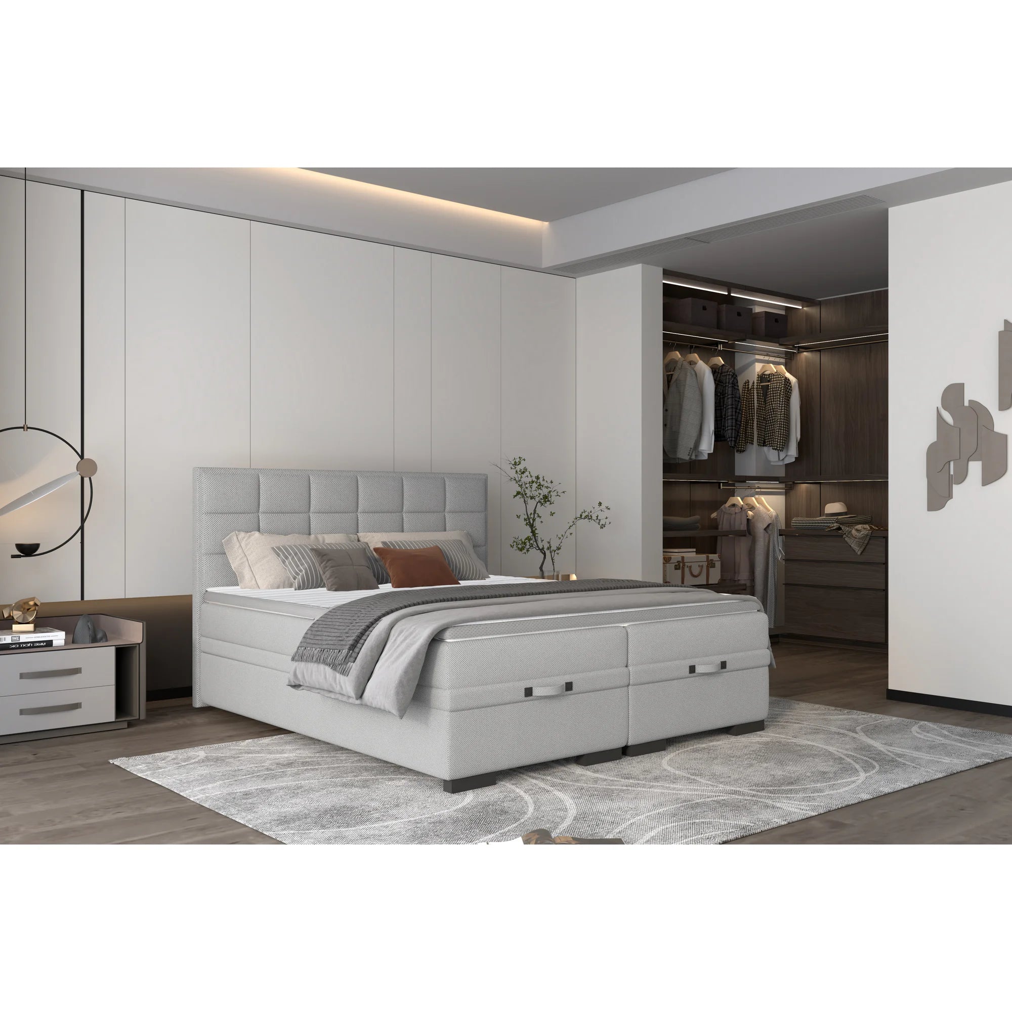 Pat boxspring SEMENO 180x200, personalizabil materiale Gama Premium, cu saltele, spatiu depozitare si topper