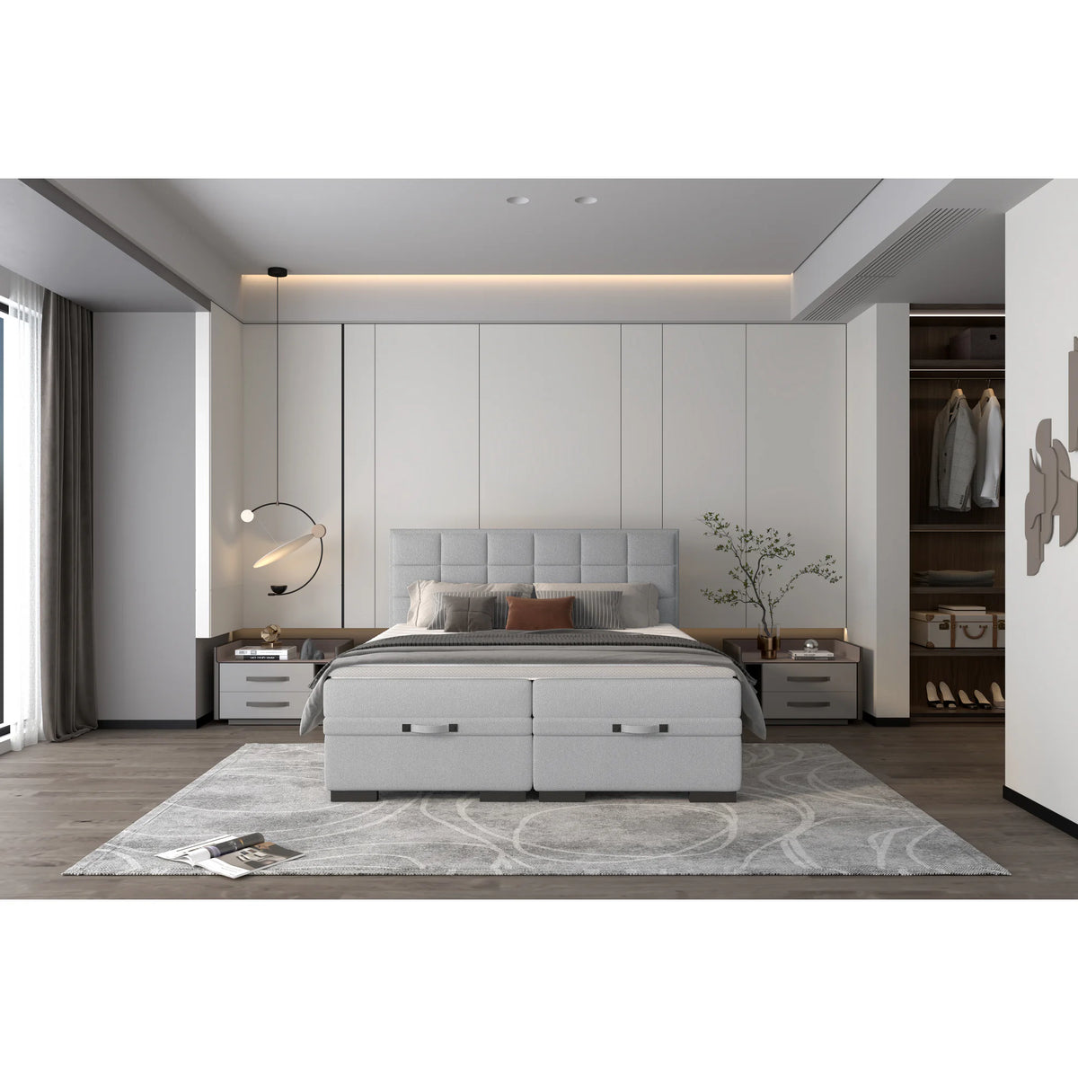 Pat boxspring SEMENO 140x200, personalizabil materiale Gama Premium, cu saltele, spatiu depozitare si topper