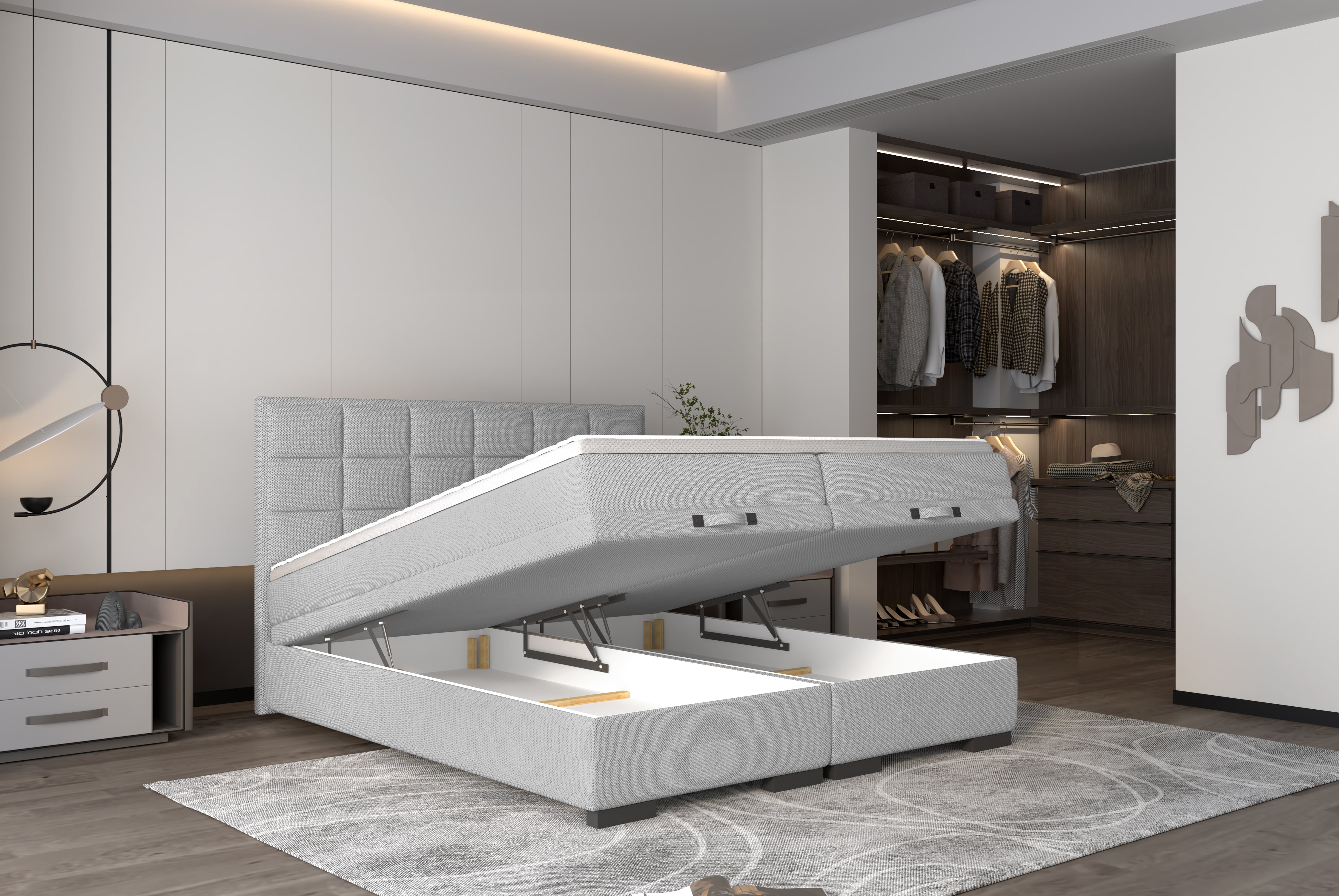Pat boxspring SEMENO 160x200, personalizabil materiale Gama Oferta Avantaj, cu saltele, spatiu depozitare si topper