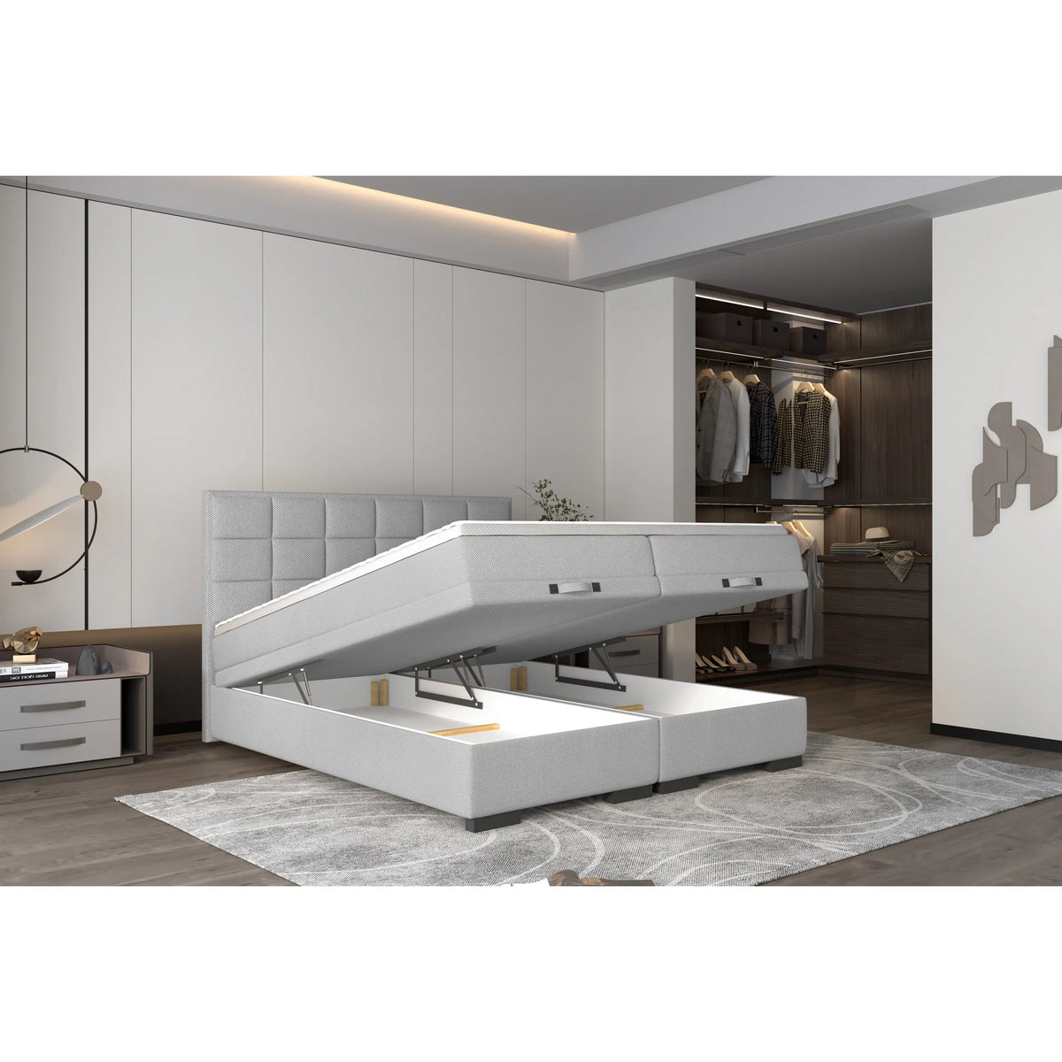 Pat boxspring SEMENO 180x200, personalizabil materiale Gama Oferta Avantaj, cu saltele, spatiu depozitare si topper