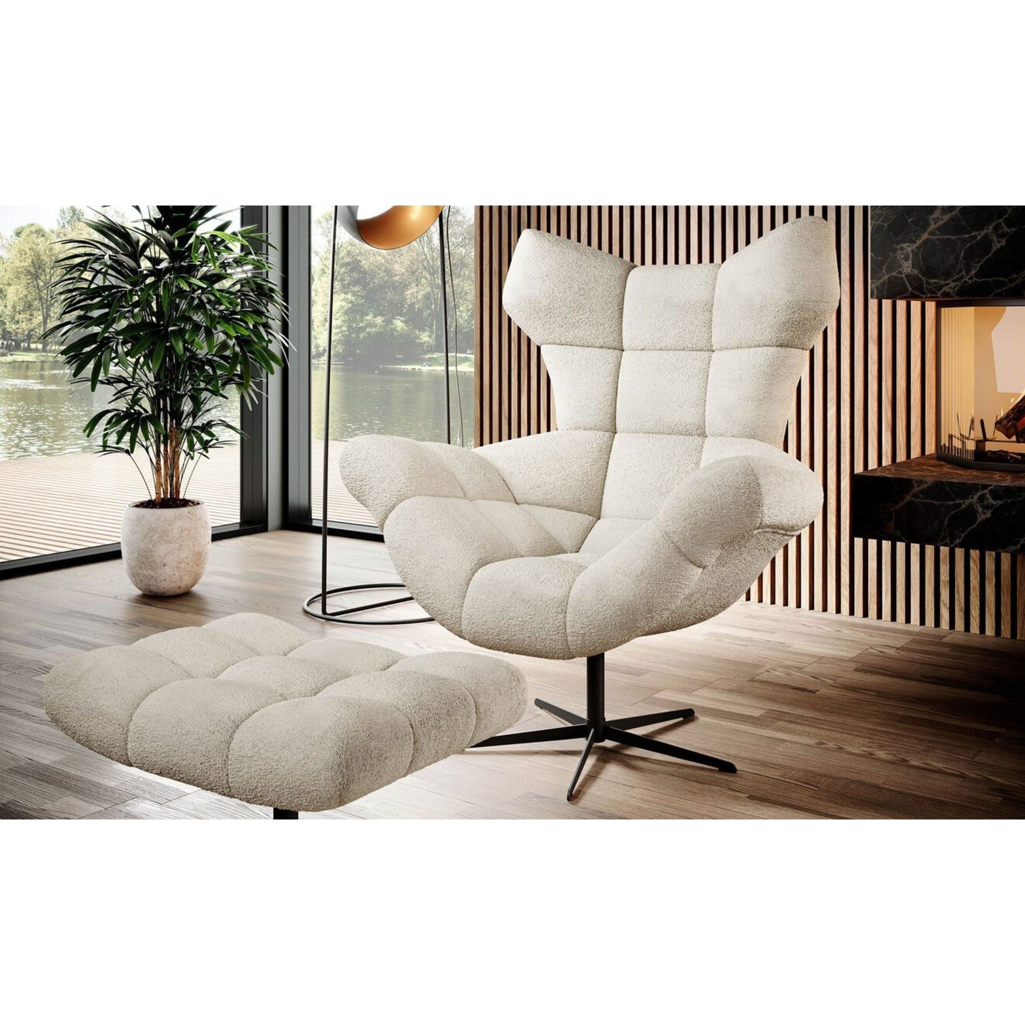 Fotoliu rotativ SENSI, stofa catifelata bej - RIVIERA 16, Gama Premium, 103x84x119 cm