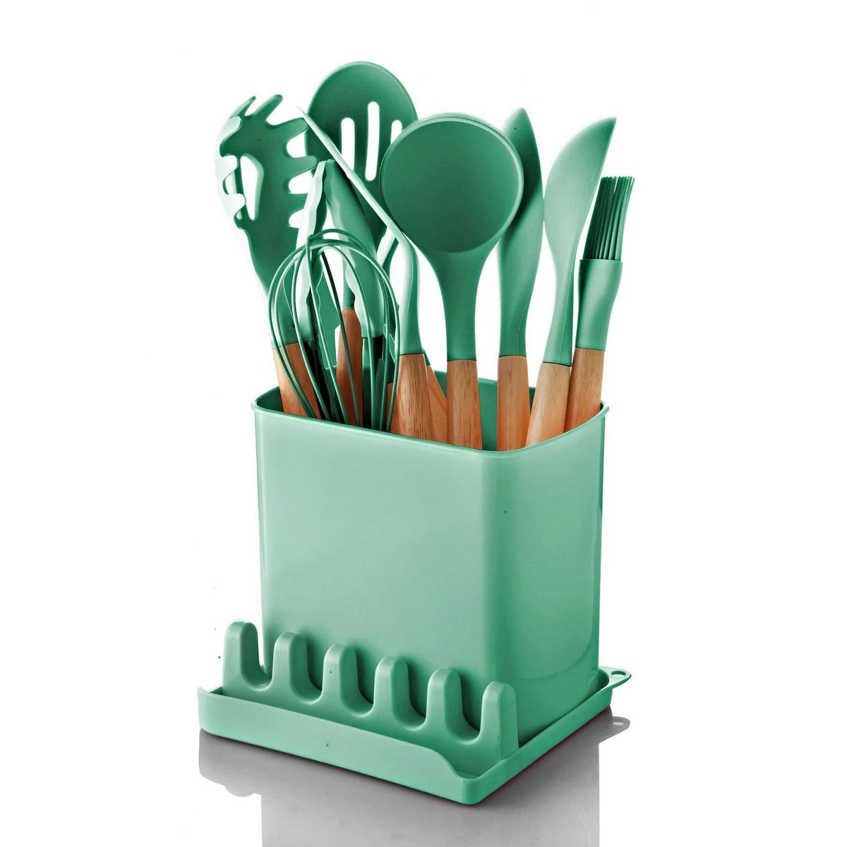 Set 11 ustensile cu suport si cutie C-SLC1301, verde/stejar, plastic/lemn