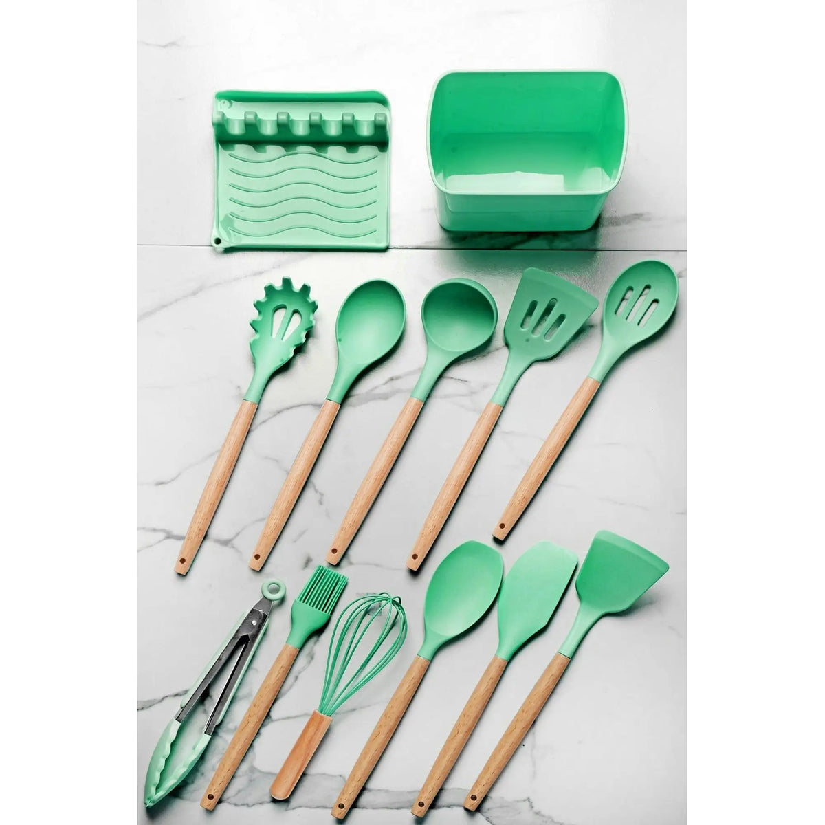 Set 11 ustensile cu suport si cutie C-SLC1301, verde/stejar, plastic/lemn