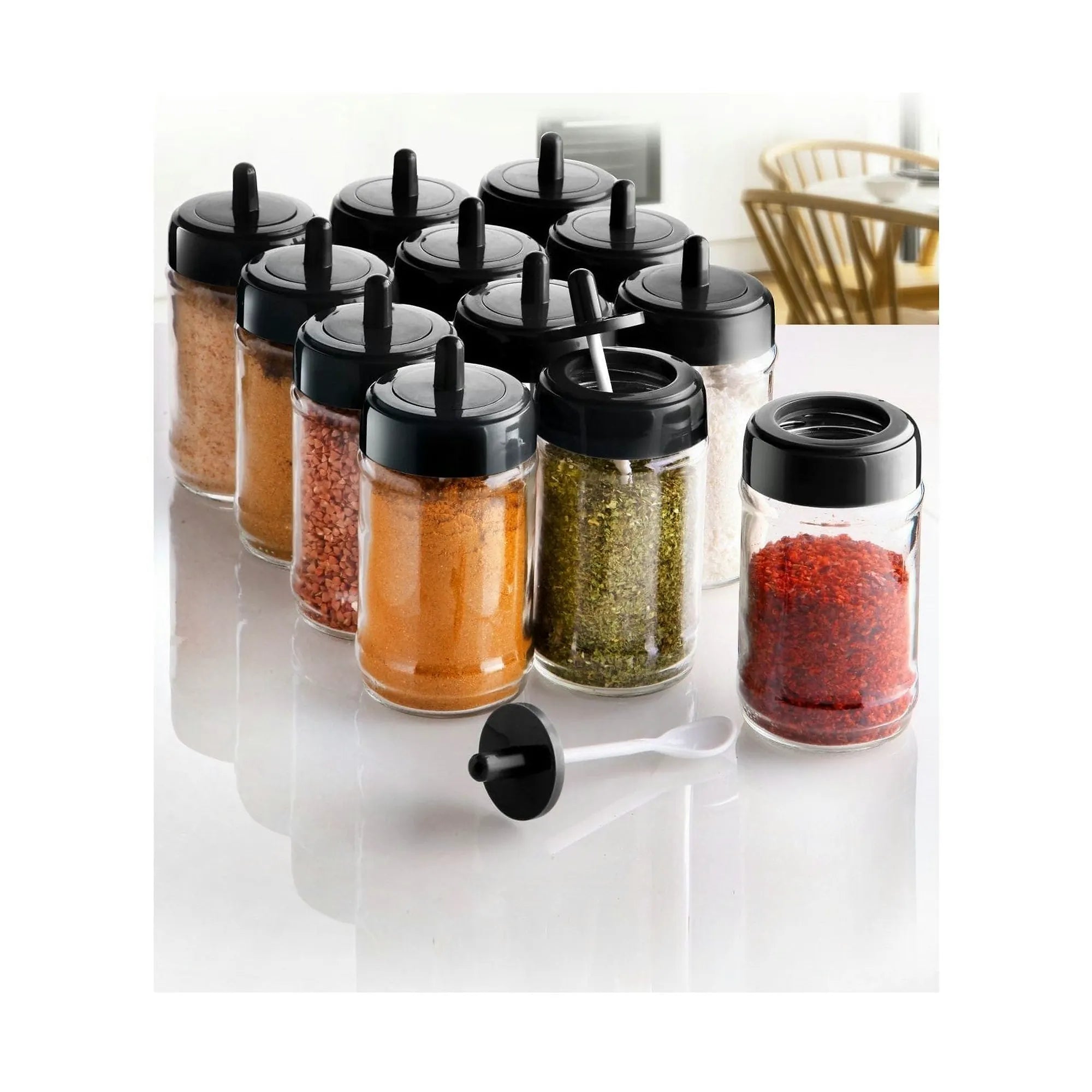 Set 12 recipiente condimente 430KSV1468, transparent/negru, sticla, 300 ml