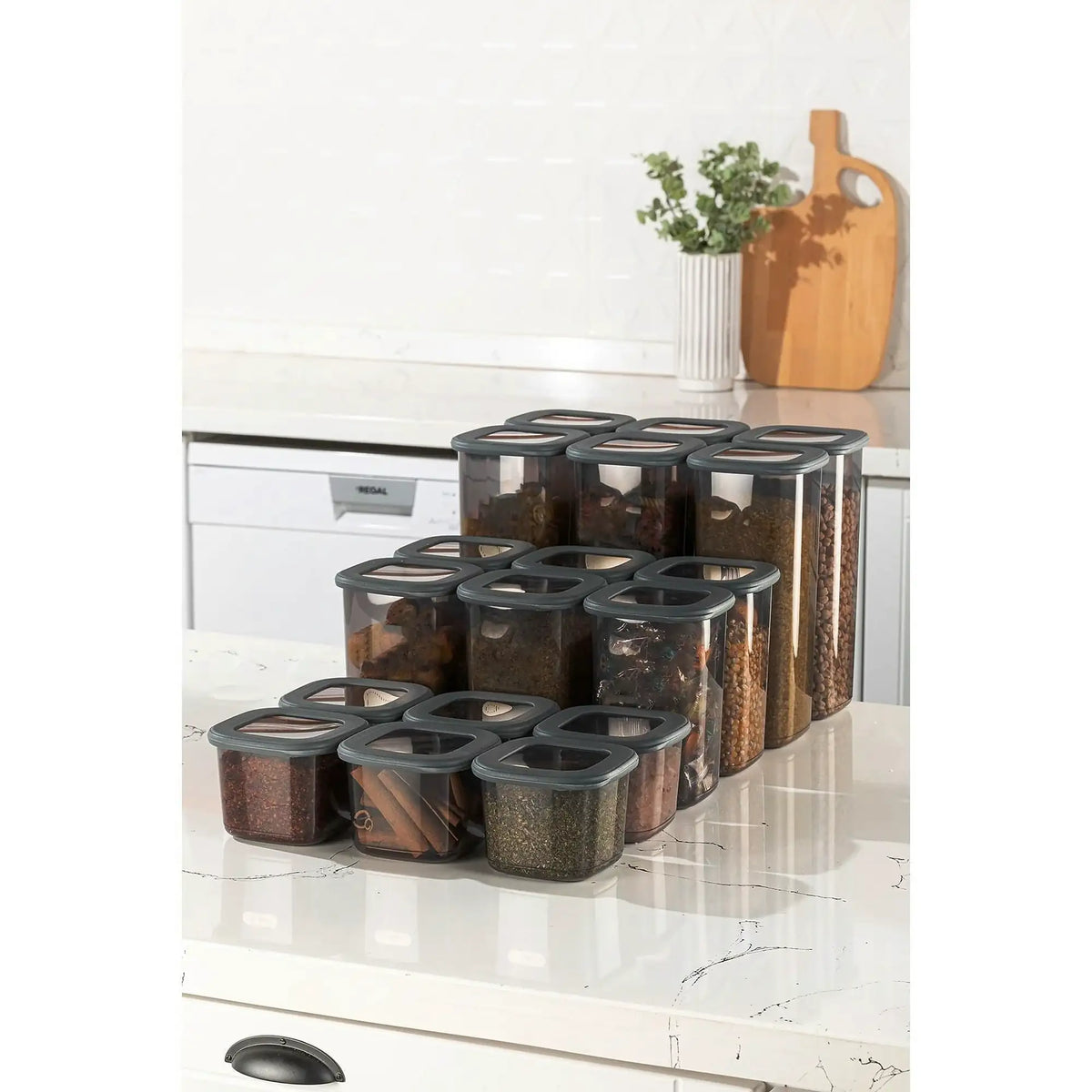 Set 18 cutii depozitare BNMPOLYAS18-51217SRG, gri antracit, plastic