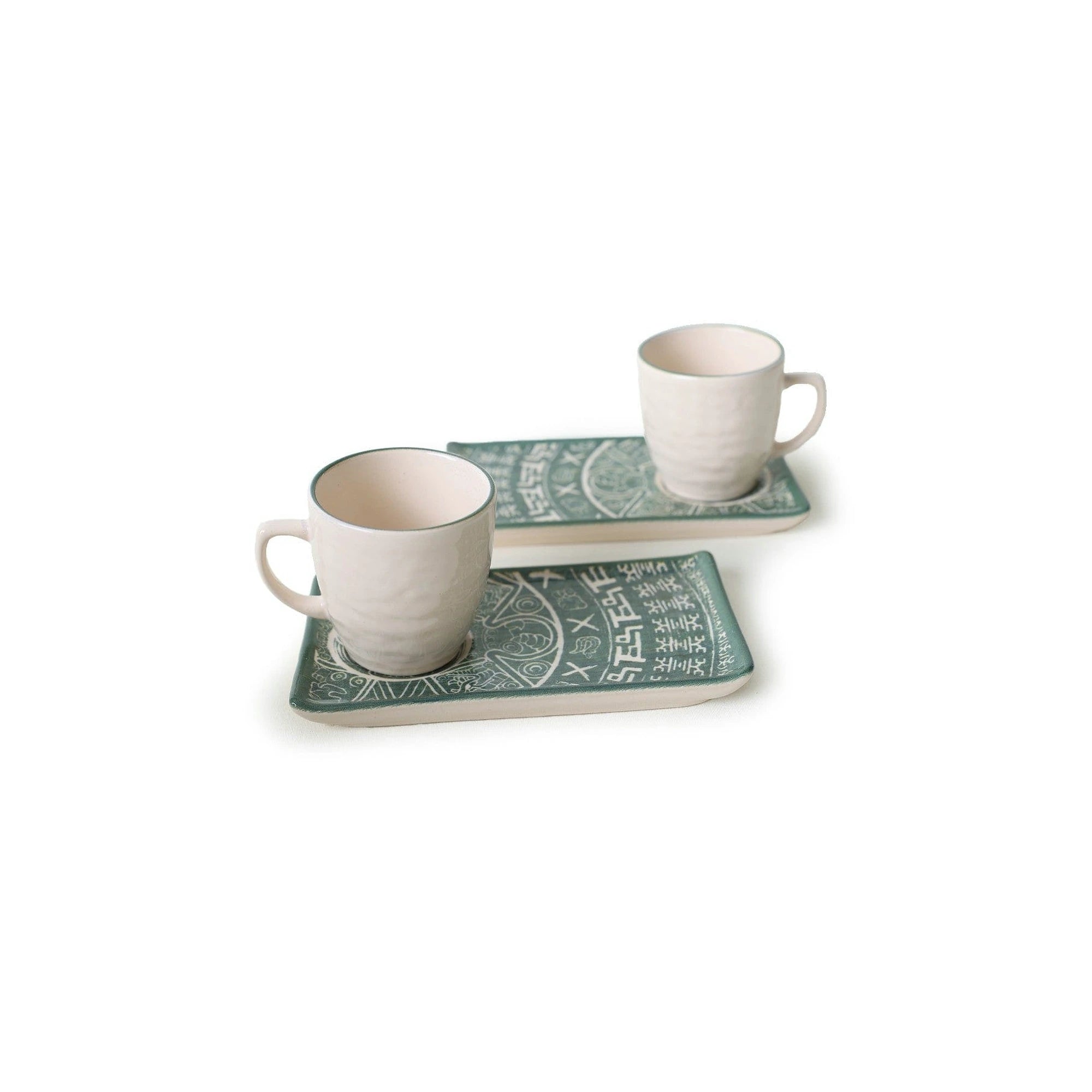 Set 2 cesti cu 2 farfurii 275KRM2236, alb/verde, ceramica, 100 ml