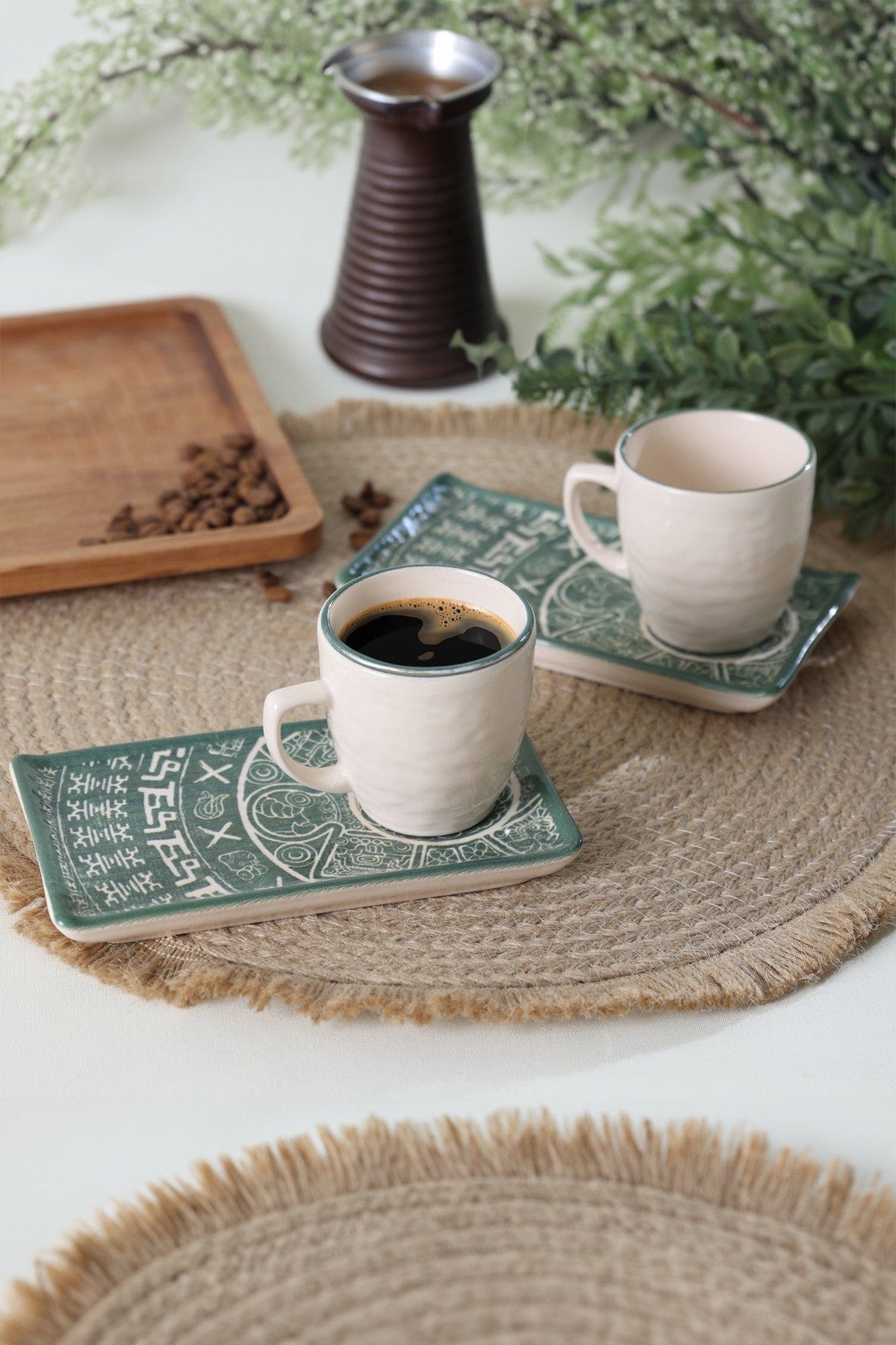 Set 2 cesti cu 2 farfurii 275KRM2236, alb/verde, ceramica, 100 ml