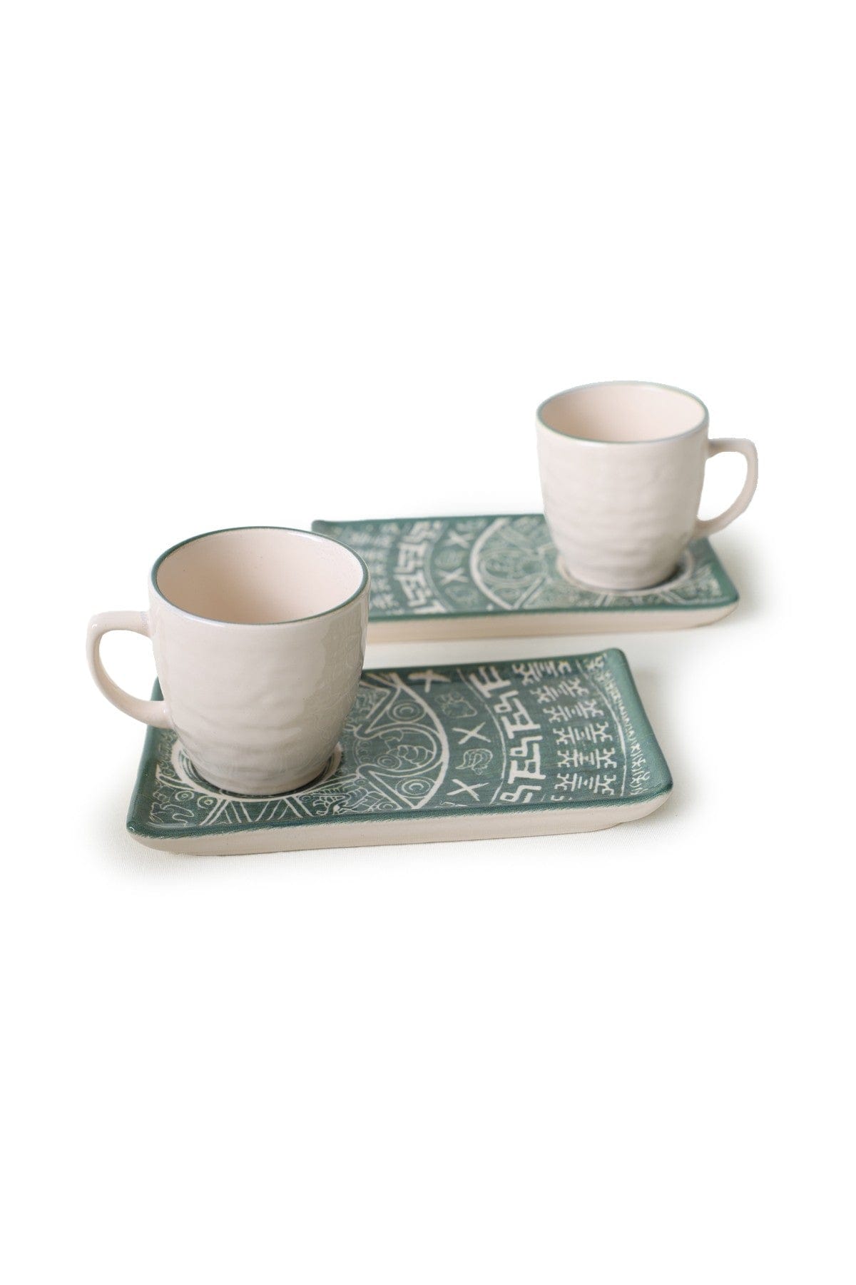 Set 2 cesti cu 2 farfurii 275KRM2236, alb/verde, ceramica, 100 ml