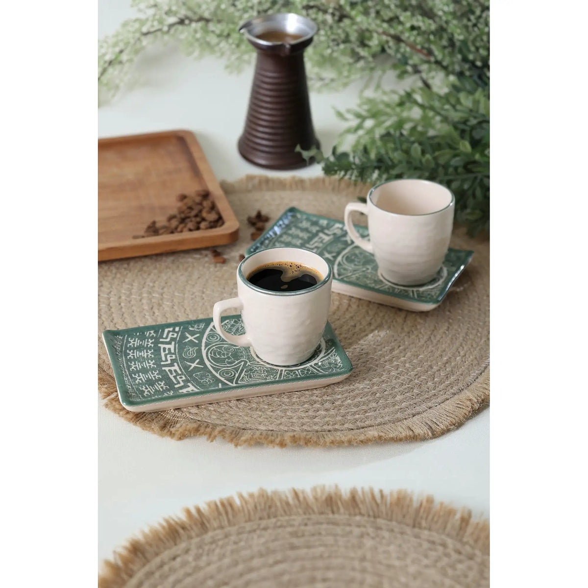 Set 2 cesti cu 2 farfurii 275KRM2236, alb/verde, ceramica, 100 ml