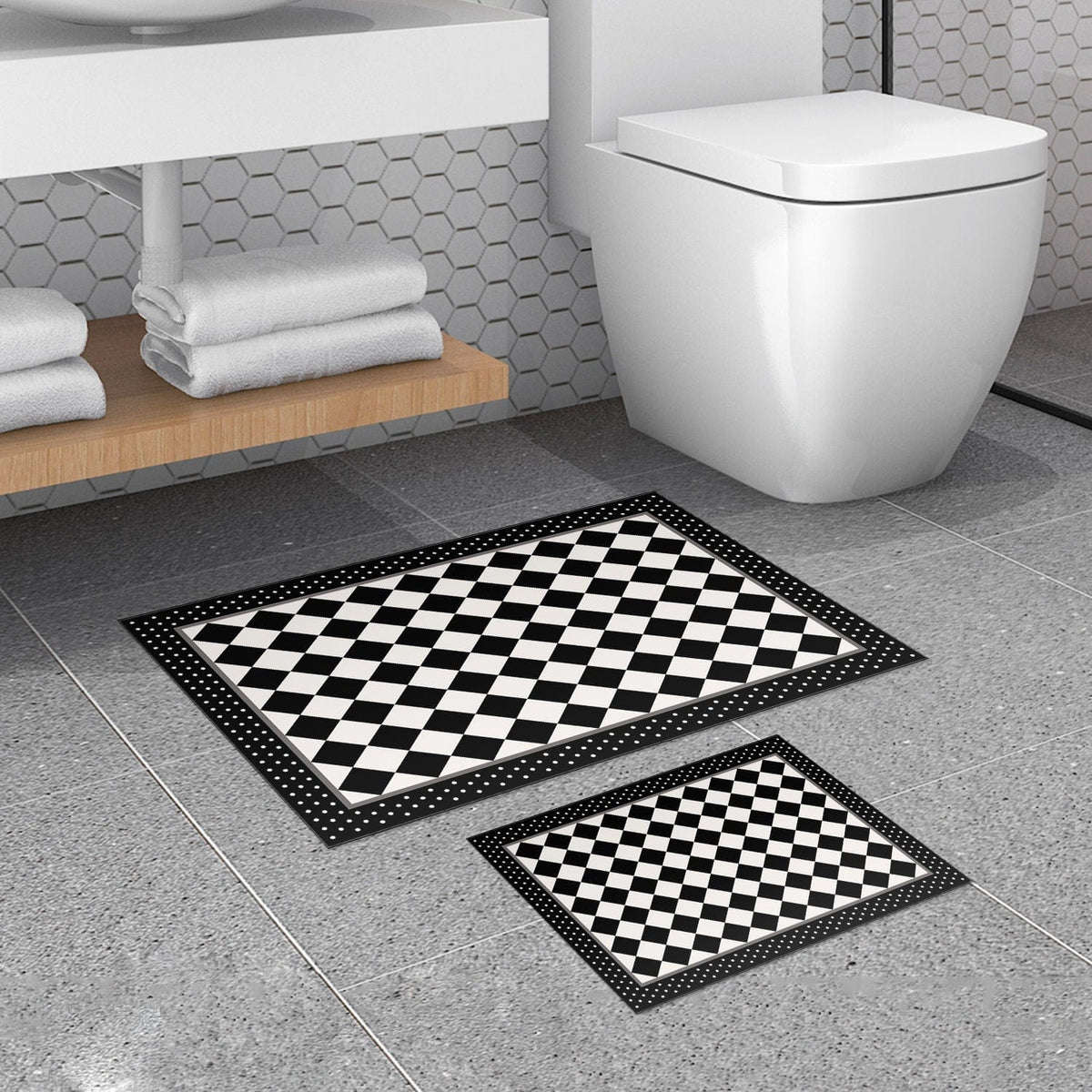 Set 2 covorase baie 510607, forma dreptunghiulara, poliester, negru/alb