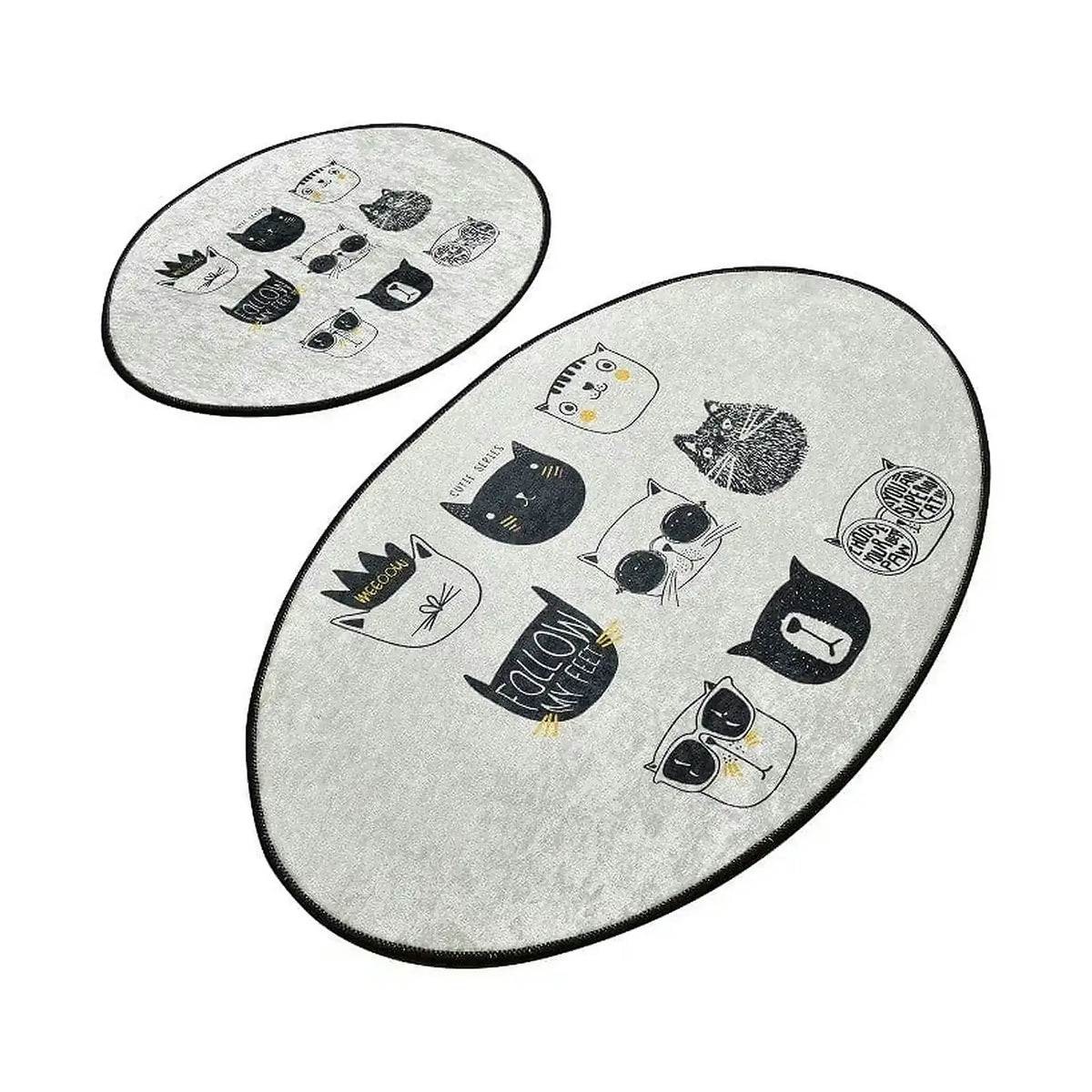 Set 2 covorase baie CUTIE, forma ovala, poliester, gri/negru