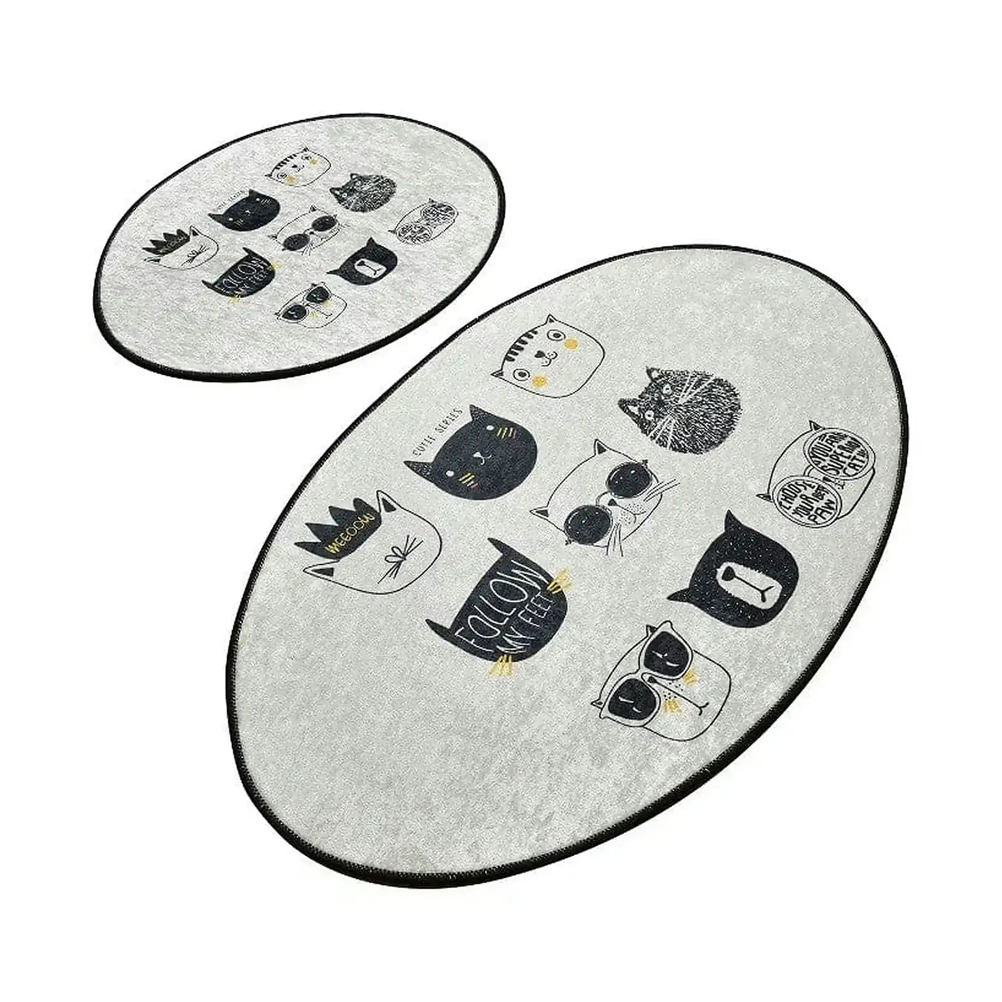 Set 2 covorase baie CUTIE, forma ovala, poliester, gri/negru