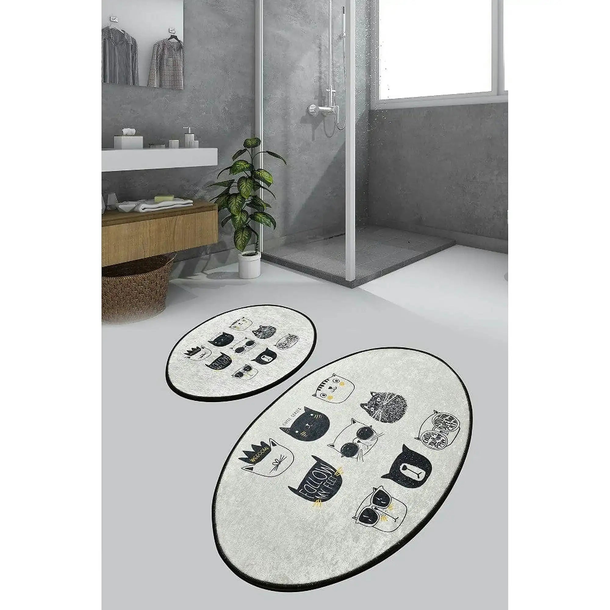 Set 2 covorase baie CUTIE, forma ovala, poliester, gri/negru