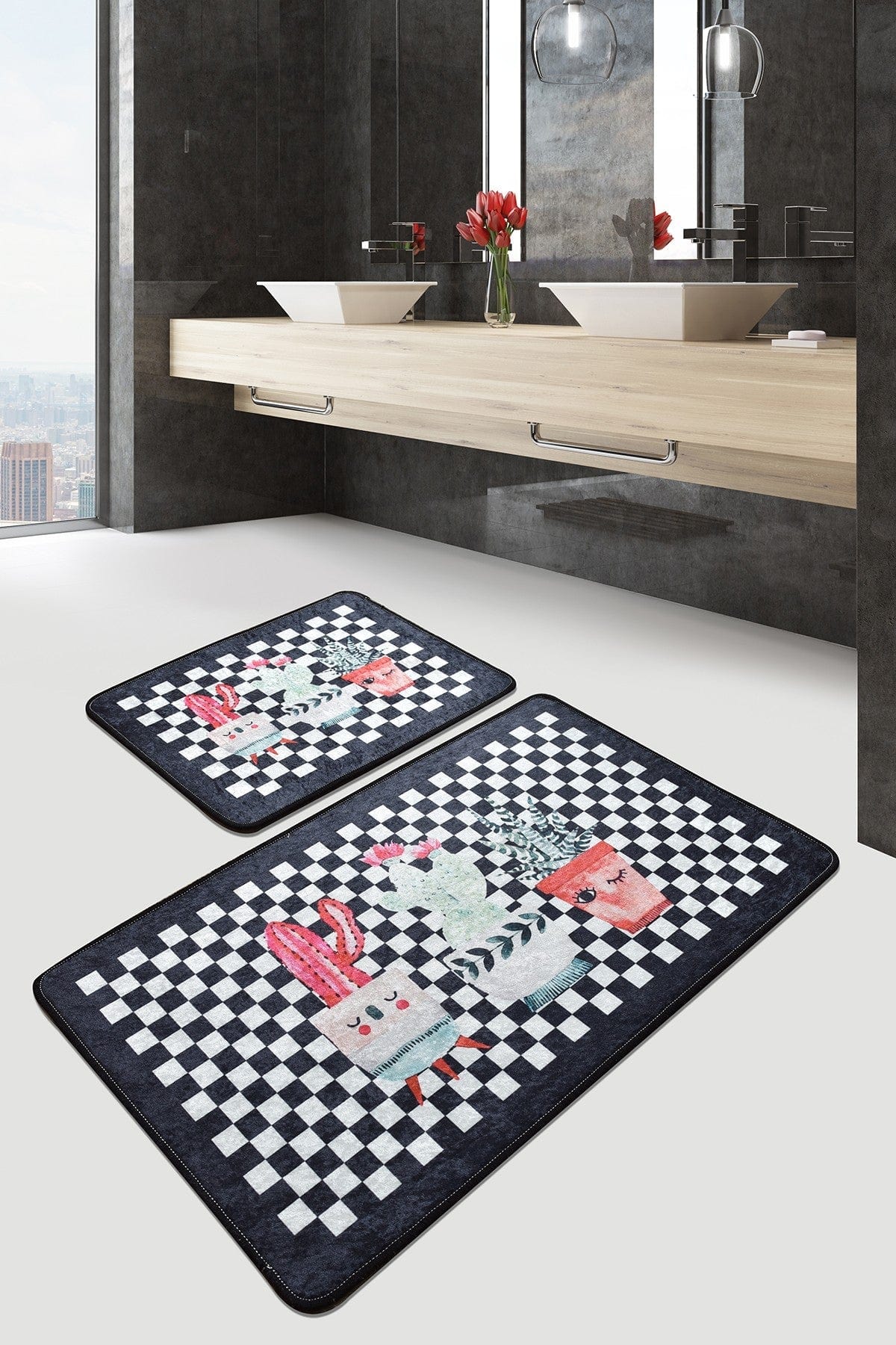 Set 2 covorase baie HAPPY HOUSE, forma dreptunghiulara, poliester, multicolor