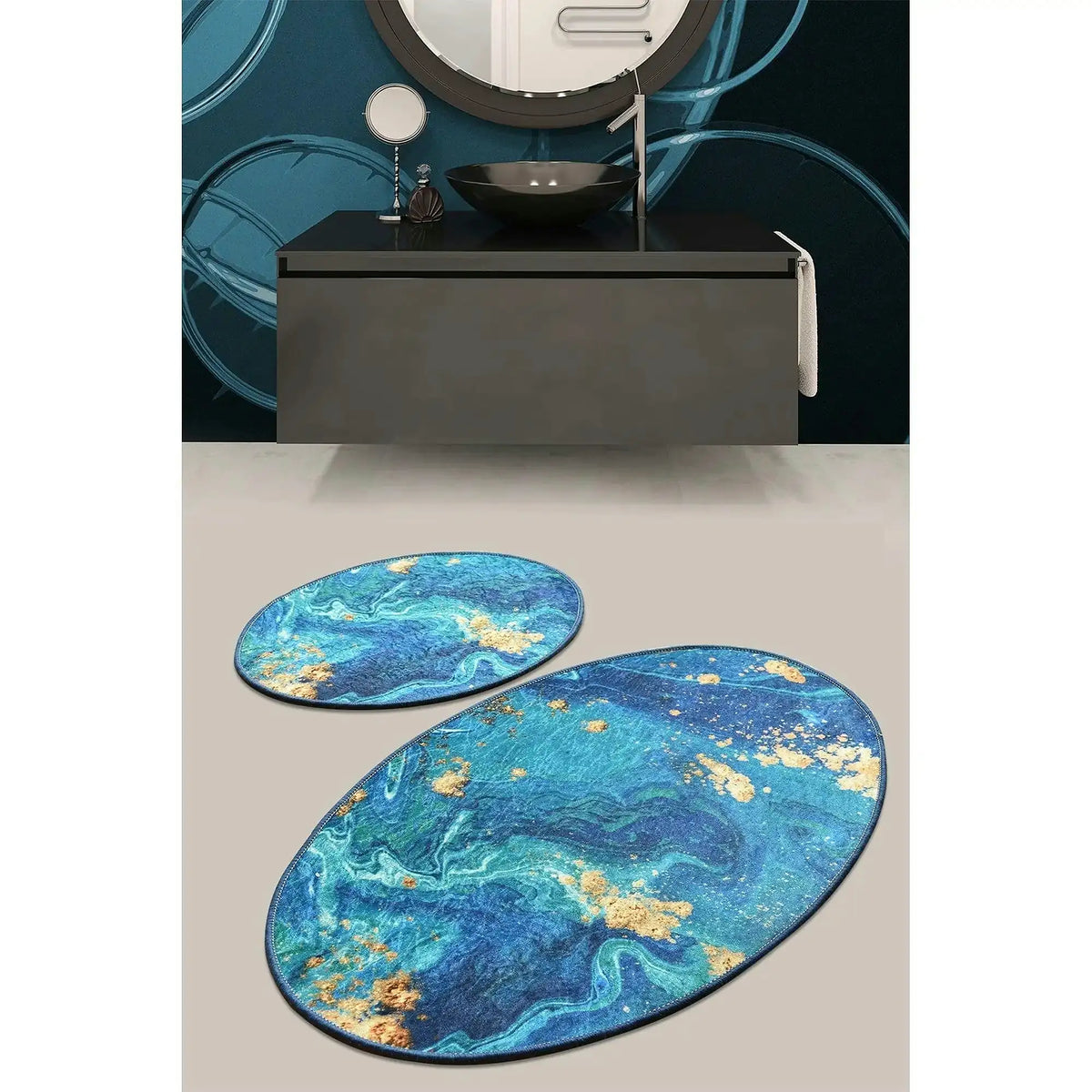 Set 2 covorase baie MARBLING, forma ovala, poliester, multicolor