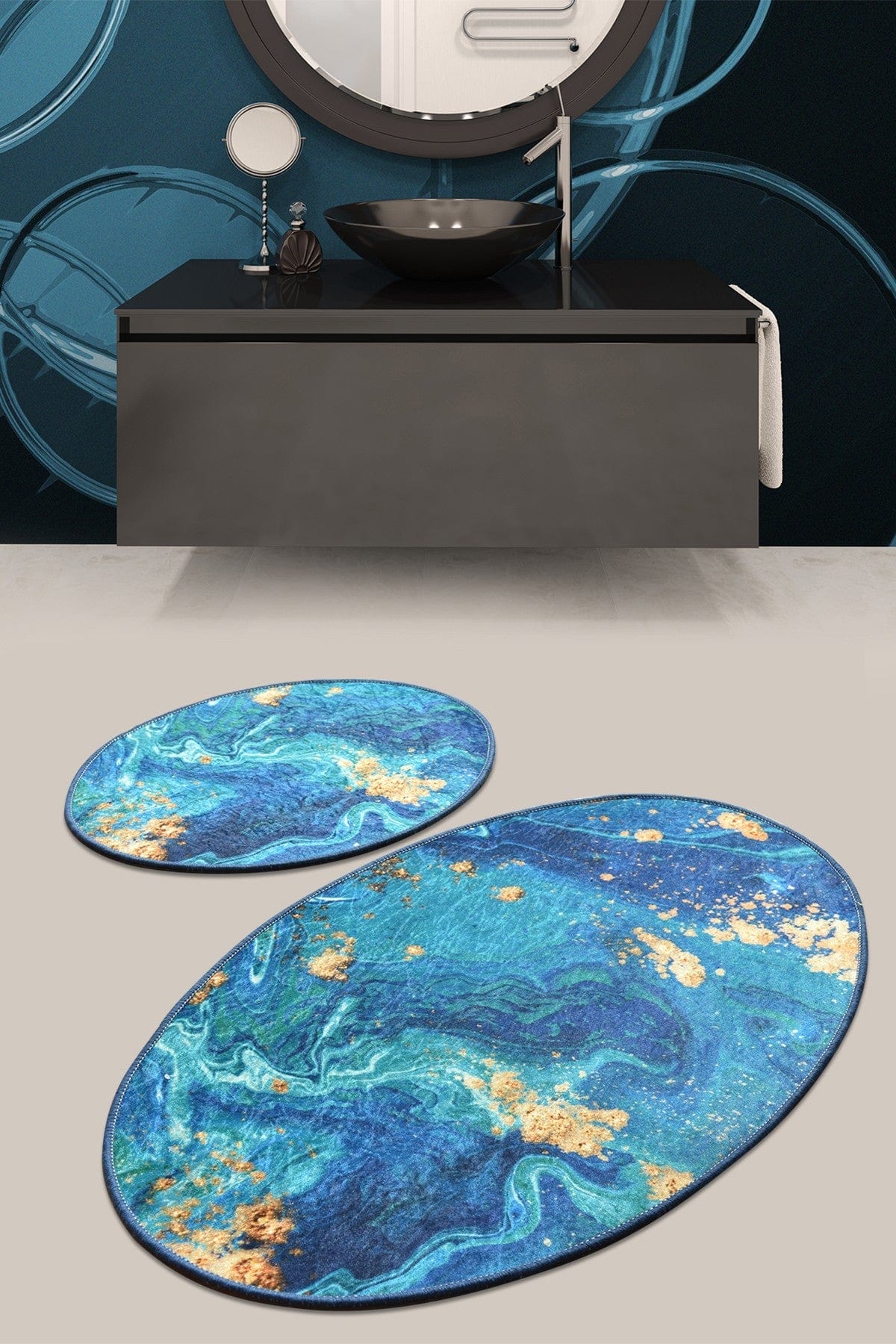 Set 2 covorase baie MARBLING, forma ovala, poliester, multicolor