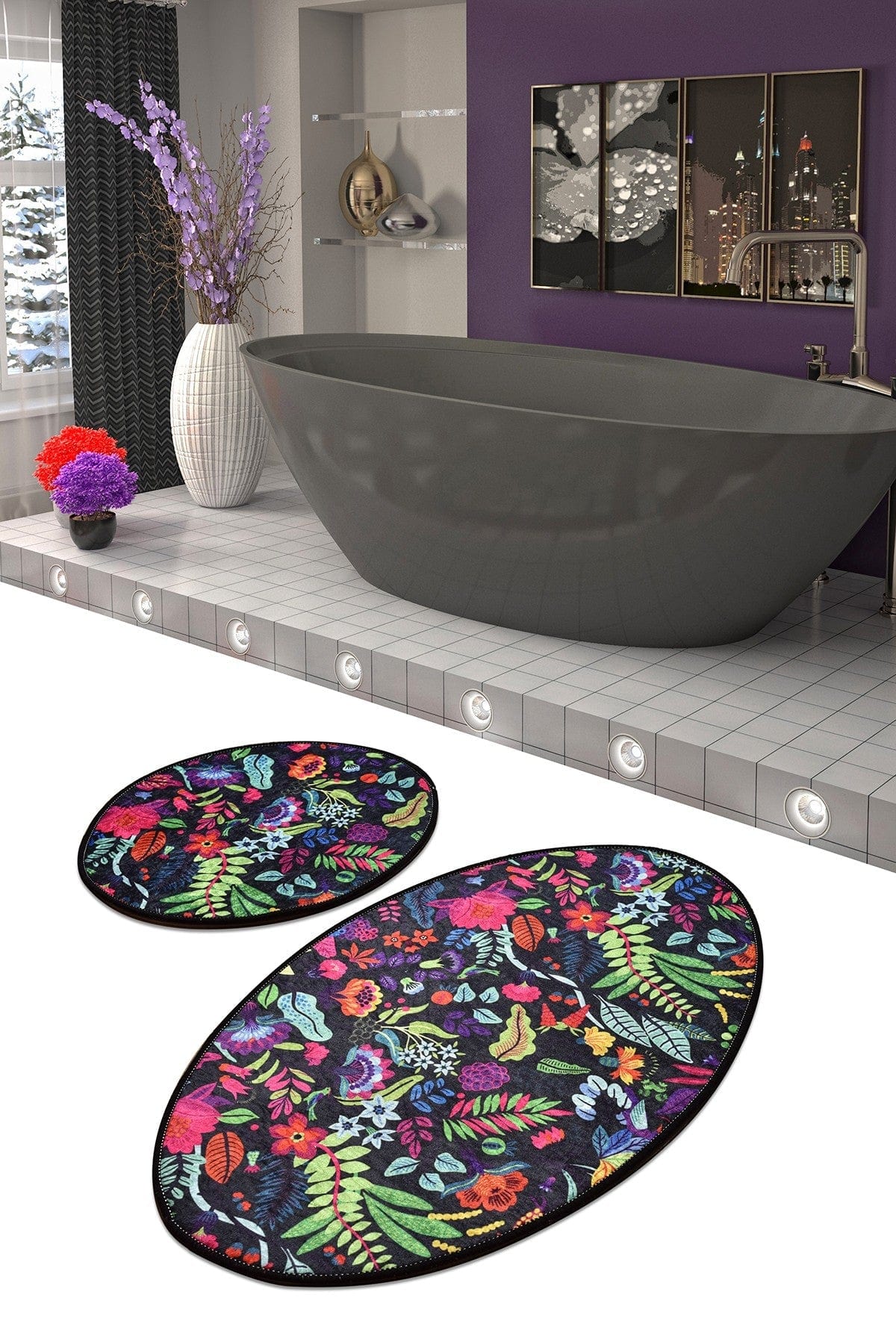 Set 2 covorase baie PICTURA, forma ovala, poliester, multicolor