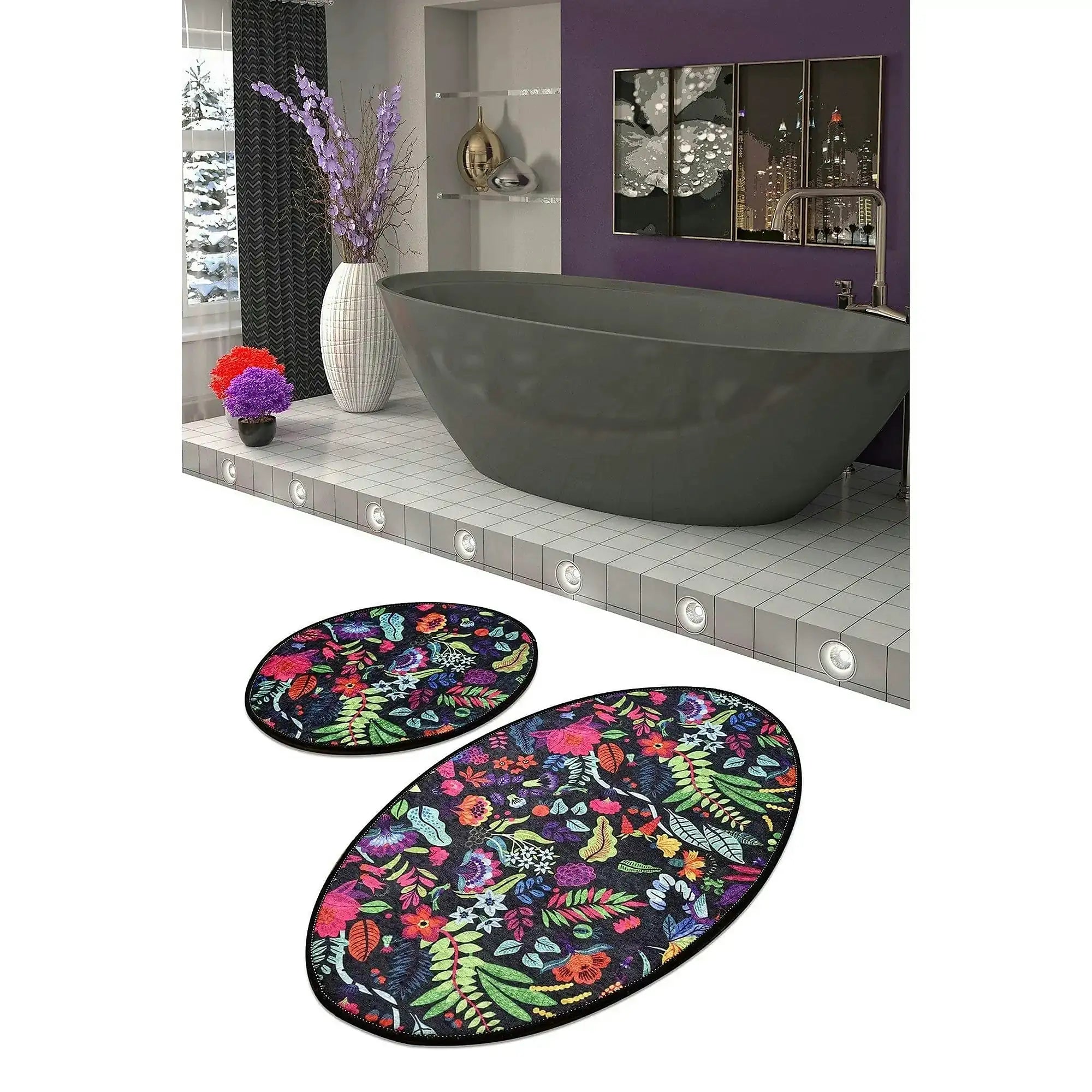 Set 2 covorase baie PICTURA, forma ovala, poliester, multicolor