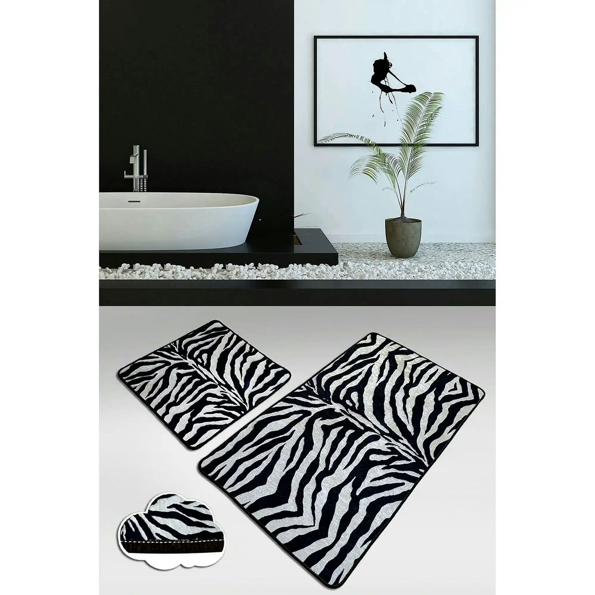 Set 2 covorase baie STRIPED, forma dreptunghiulara, poliester, negru/alb