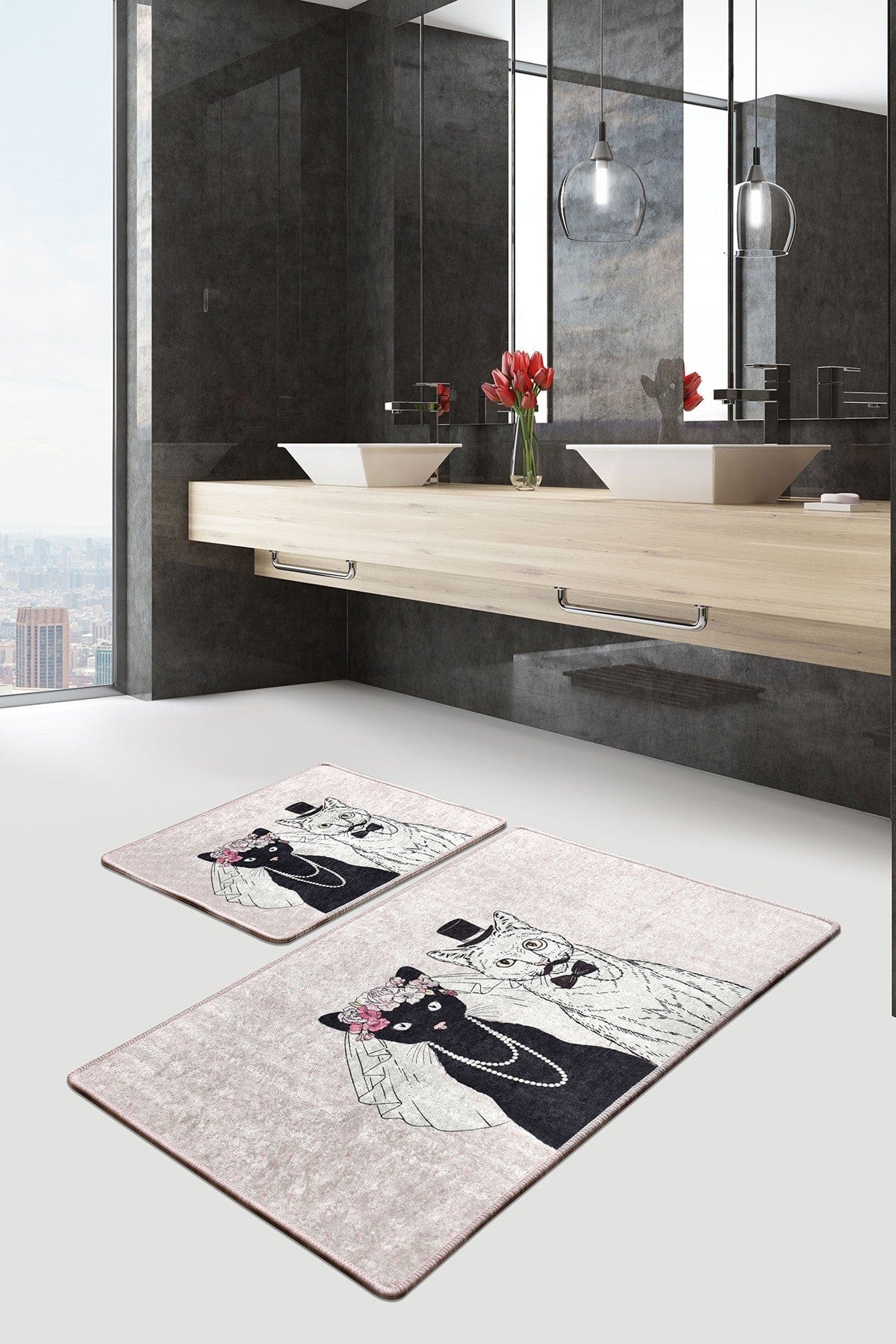 Set 2 covorase baie WEDDING, forma dreptunghiulara, poliester, gri/negru