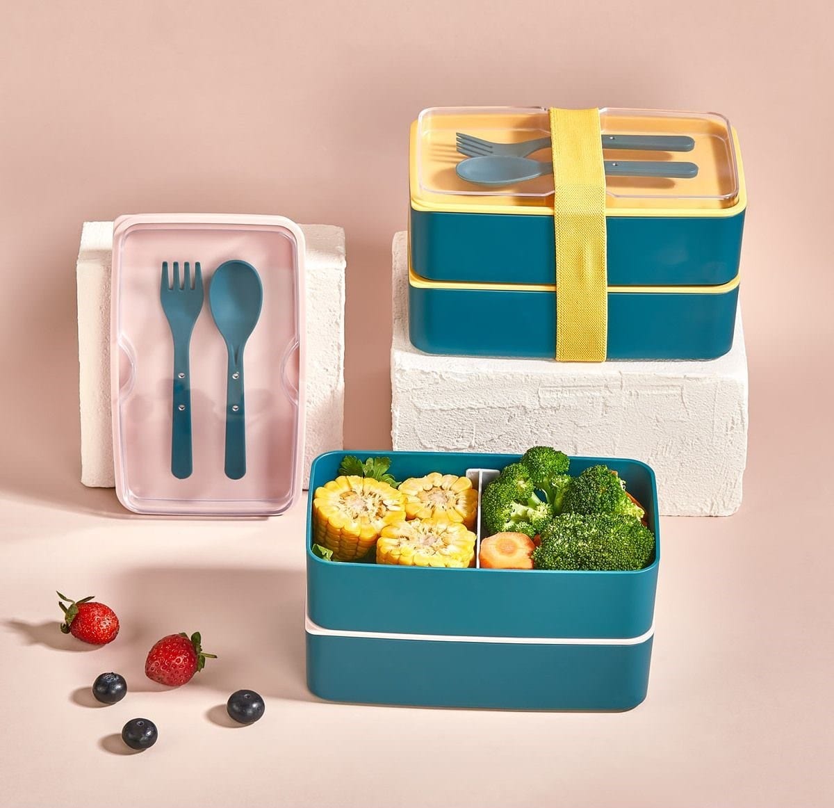 Set 2 cutii pranz EM-1003-P, albastru/galben, plastic, 19x11x5 cm