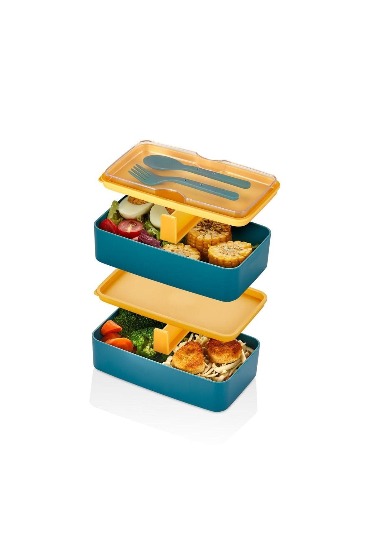 Set 2 cutii pranz EM-1003-S, albastru/galben, plastic, 19x11x5 cm