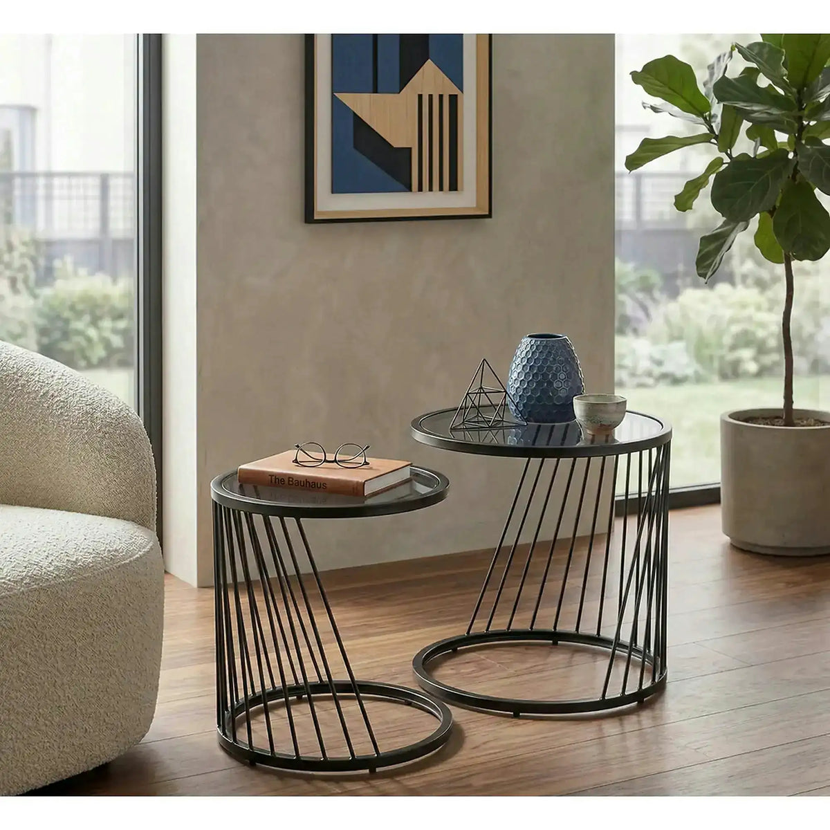 Set 2 masute cafea ANTILLA, transparent/negru, sticla/otel