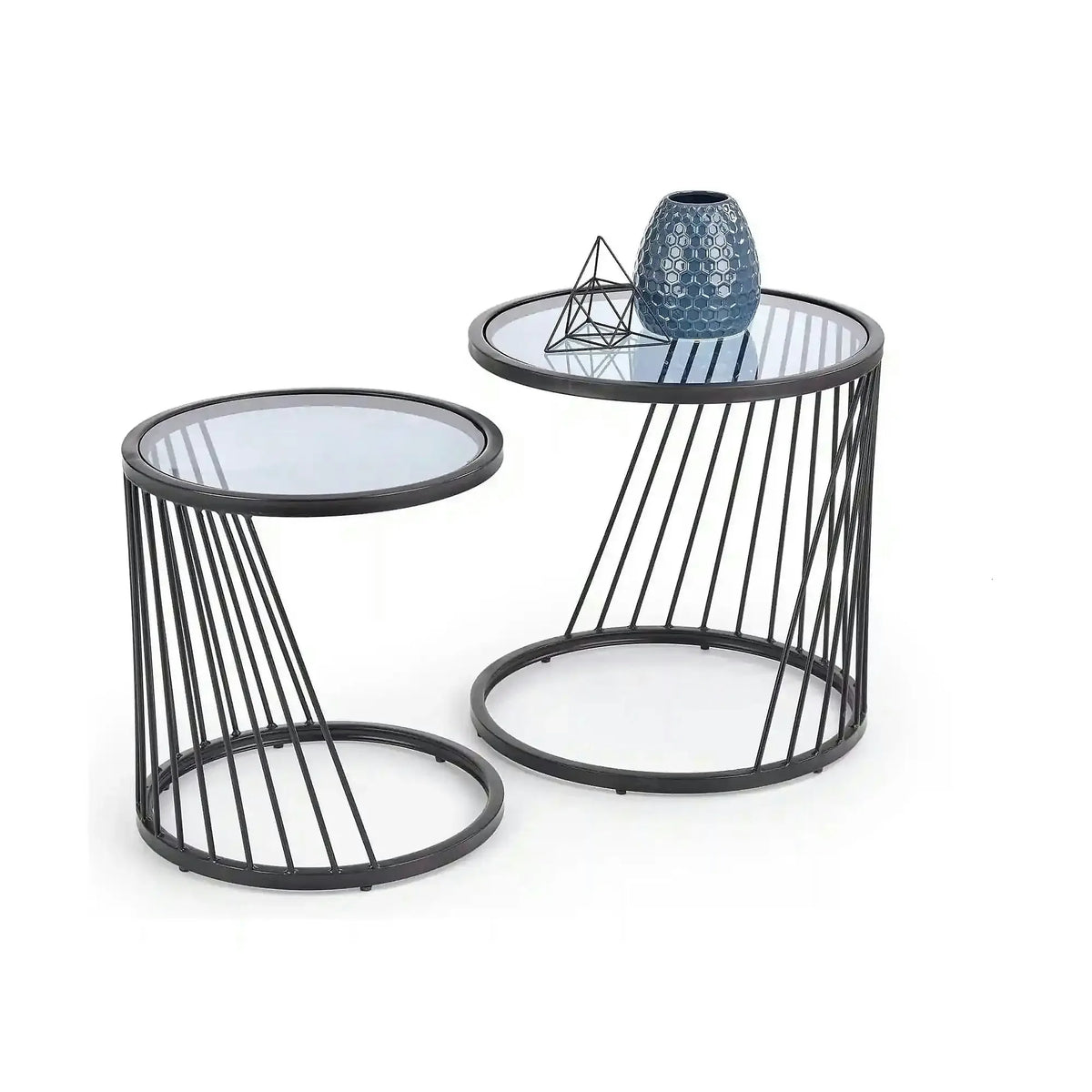 Set 2 masute cafea ANTILLA, transparent/negru, sticla/otel