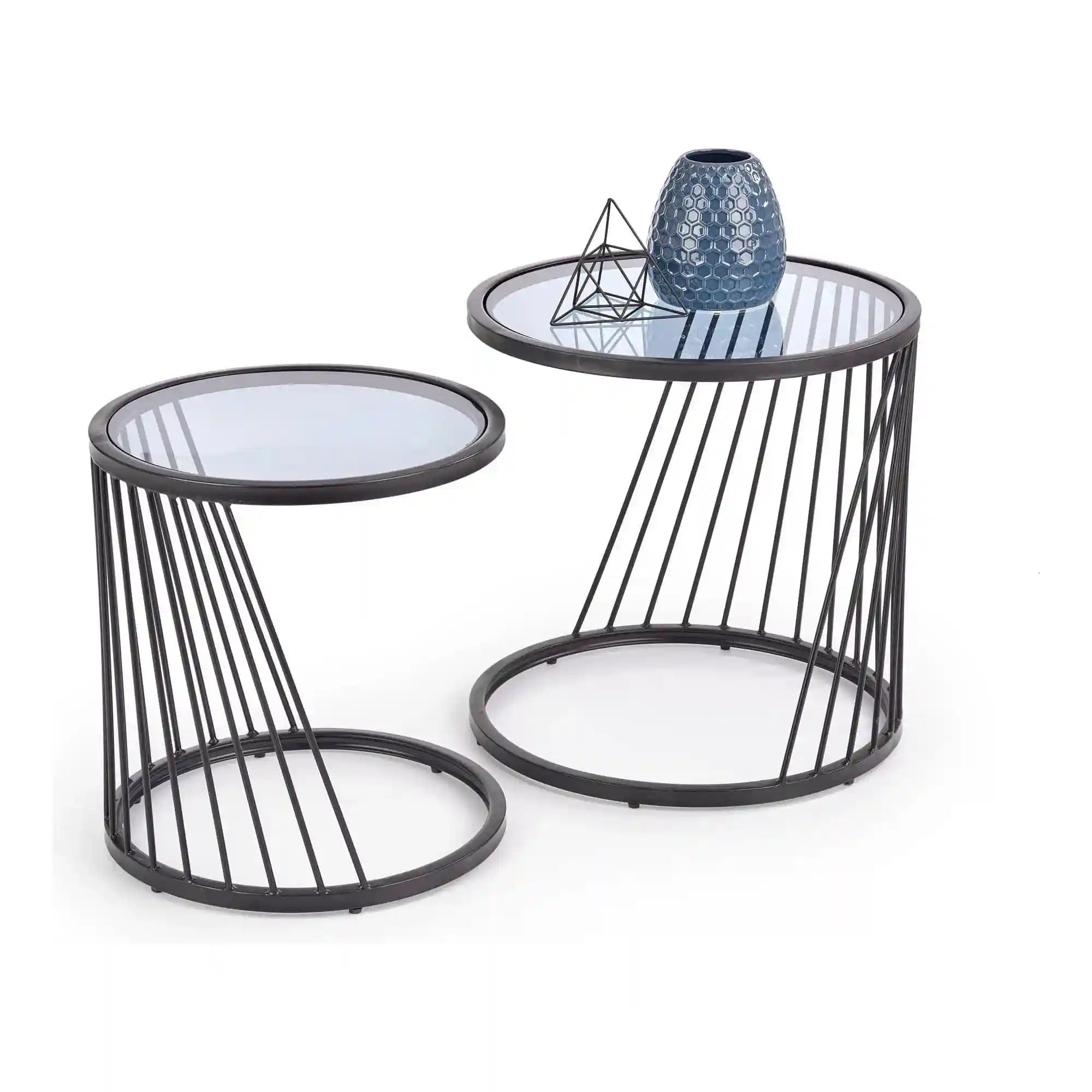 Set 2 masute cafea ANTILLA, transparent/negru, sticla/otel