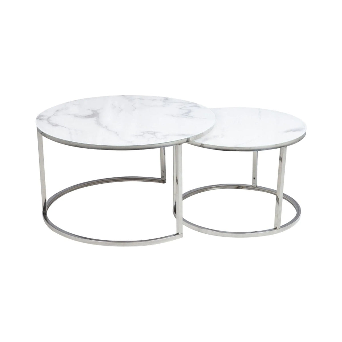 Set 2 masute cafea ATLANTA B, alb efect de marmura/crom, sticla/metal
