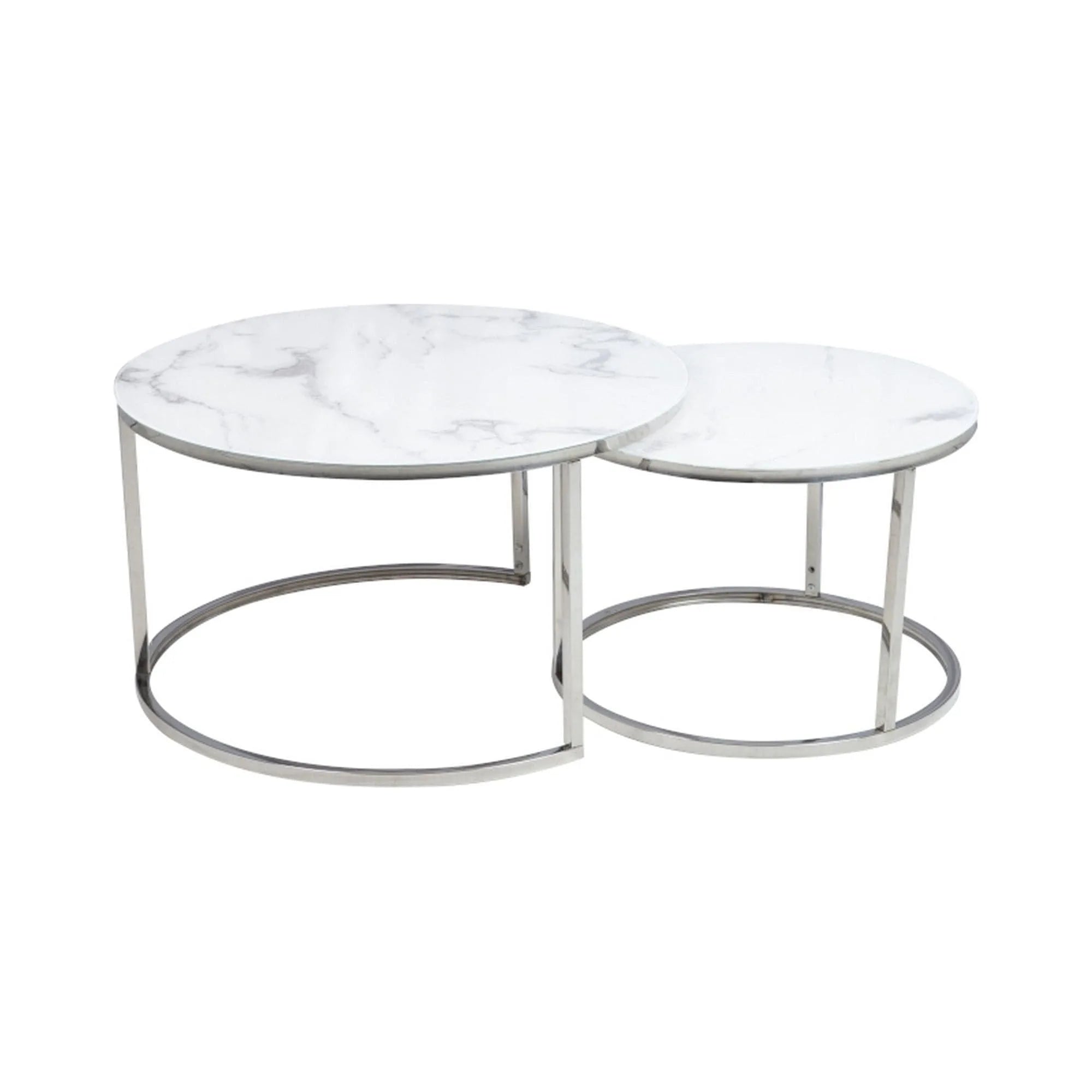 Set 2 masute cafea ATLANTA B, alb efect de marmura/crom, sticla/metal