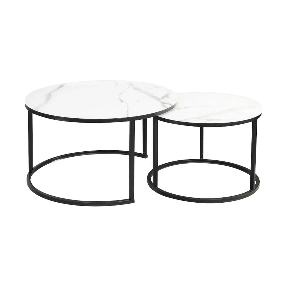 Set 2 masute cafea ATLANTA C, alb cu efect de marmura/negru, sticla/metal