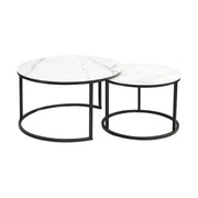 Set 2 masute cafea ATLANTA C, alb cu efect de marmura/negru, sticla/metal