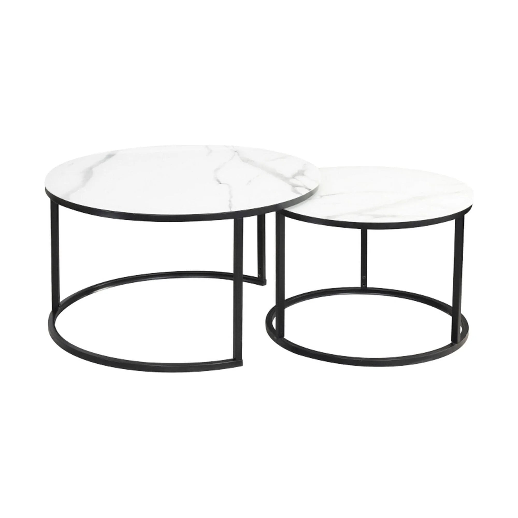 Set 2 masute cafea ATLANTA C, alb cu efect de marmura/negru, sticla/metal