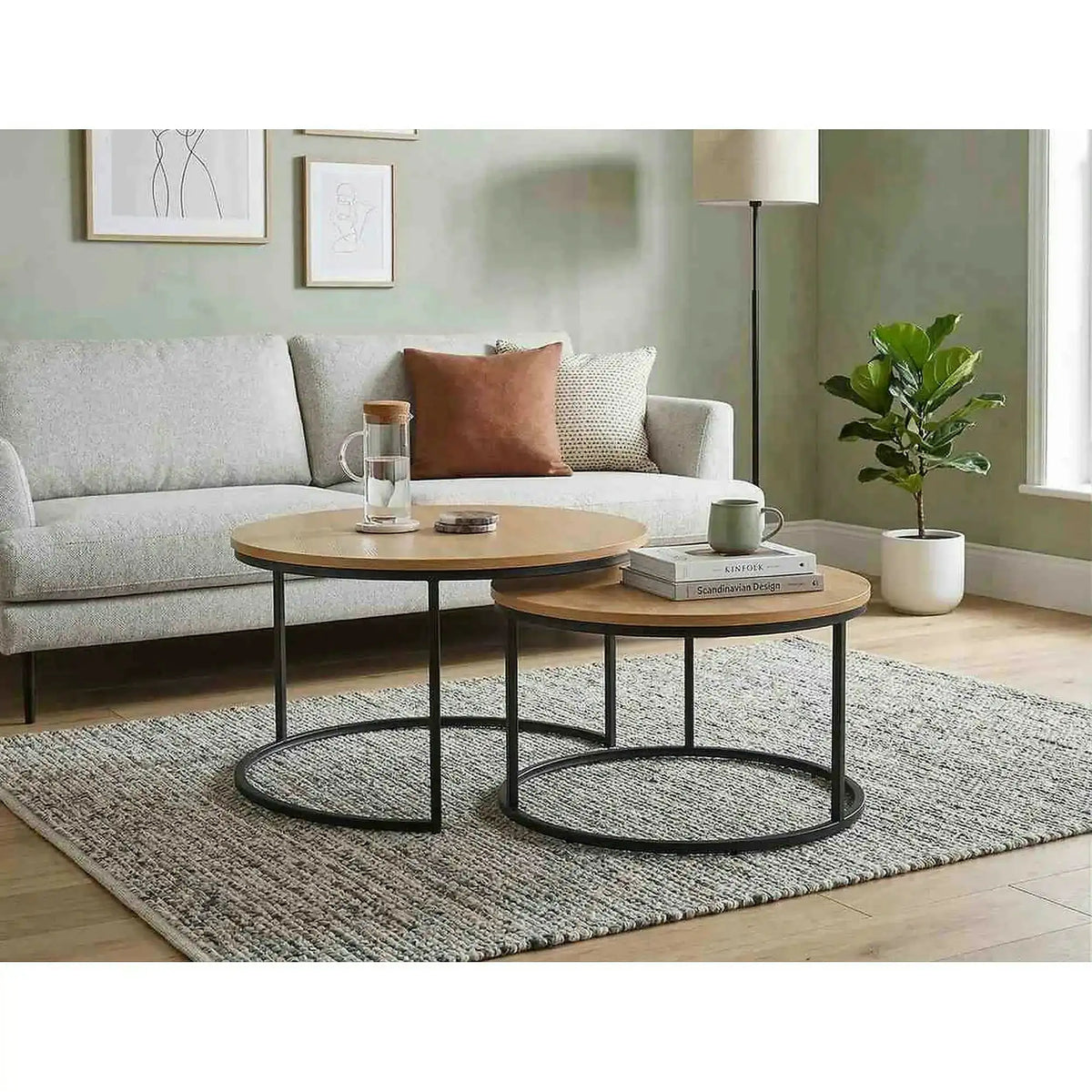 Set 2 masute cafea ATLANTA II, stejar/negru mat, PAL laminat/metal