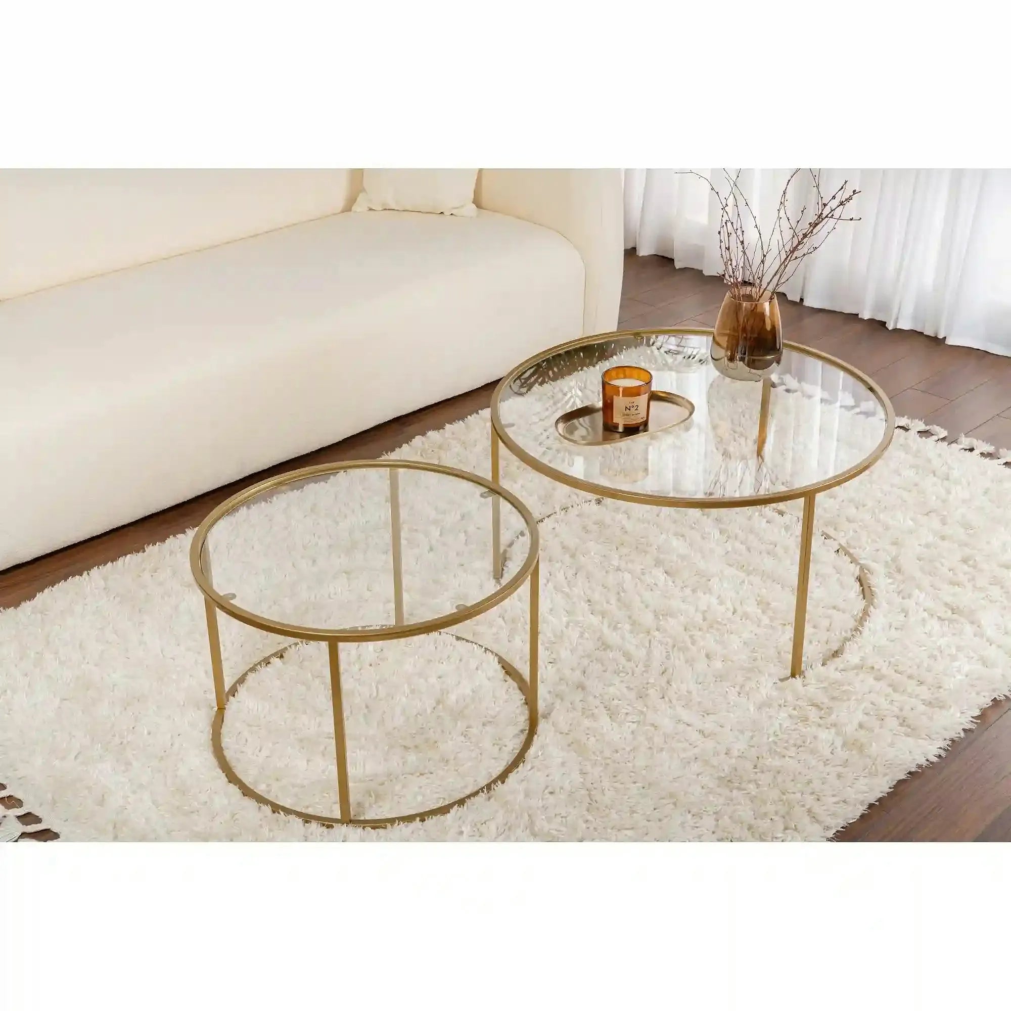 Set 2 masute cafea AURUM, transparent/auriu, sticla/metal