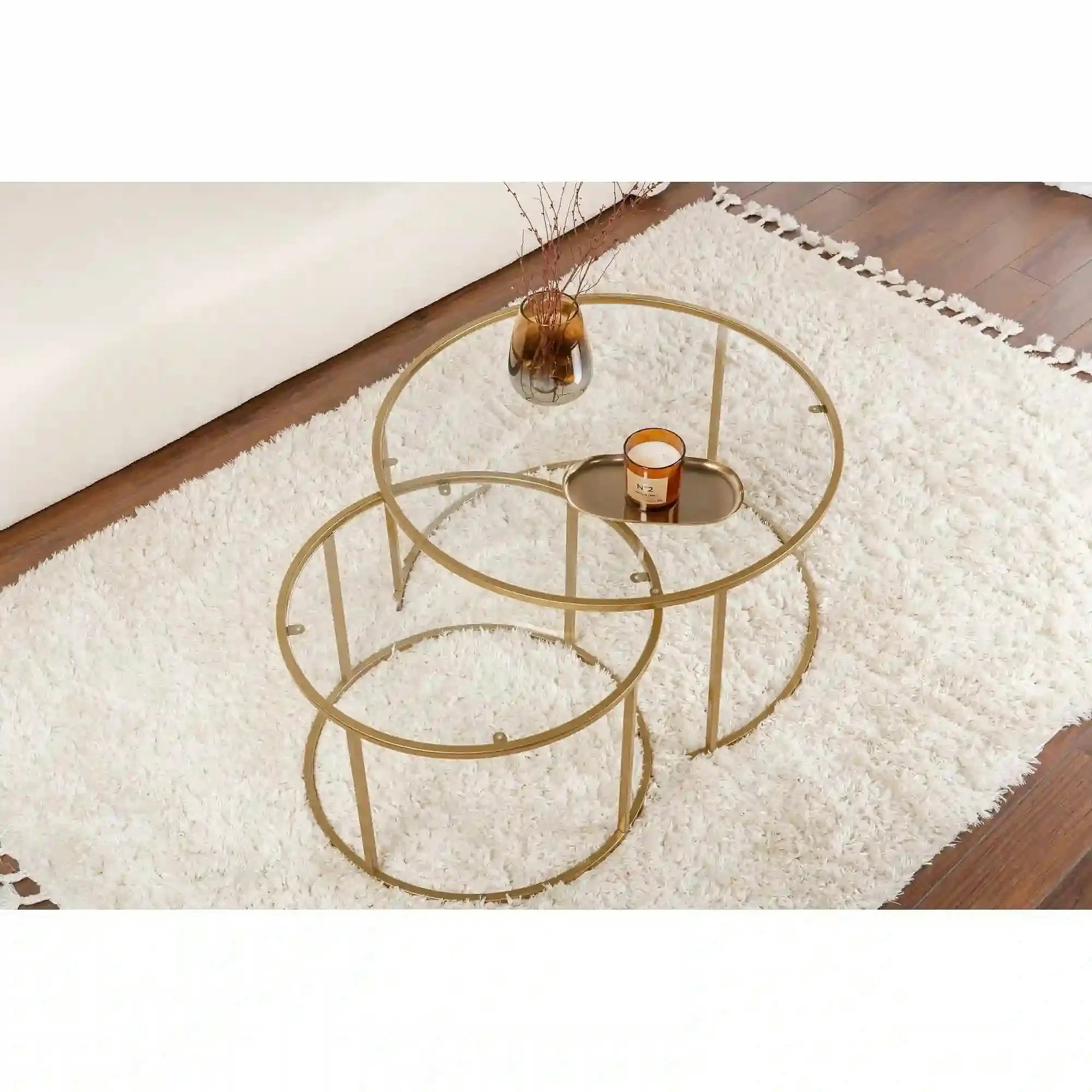 Set 2 masute cafea AURUM, transparent/auriu, sticla/metal