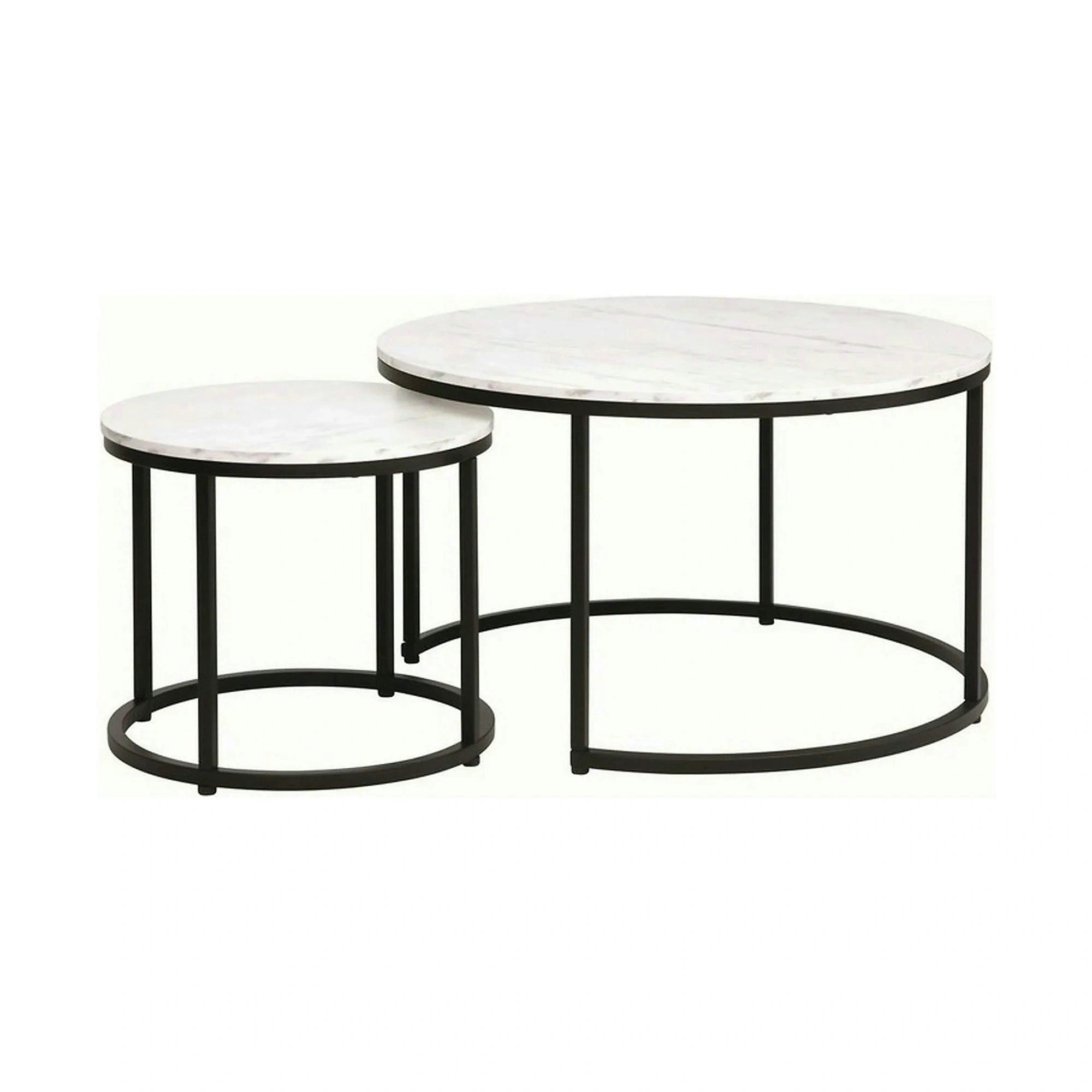 Set 2 masute cafea DION, alb cu efect de marmura/negru, PAL laminat/metal