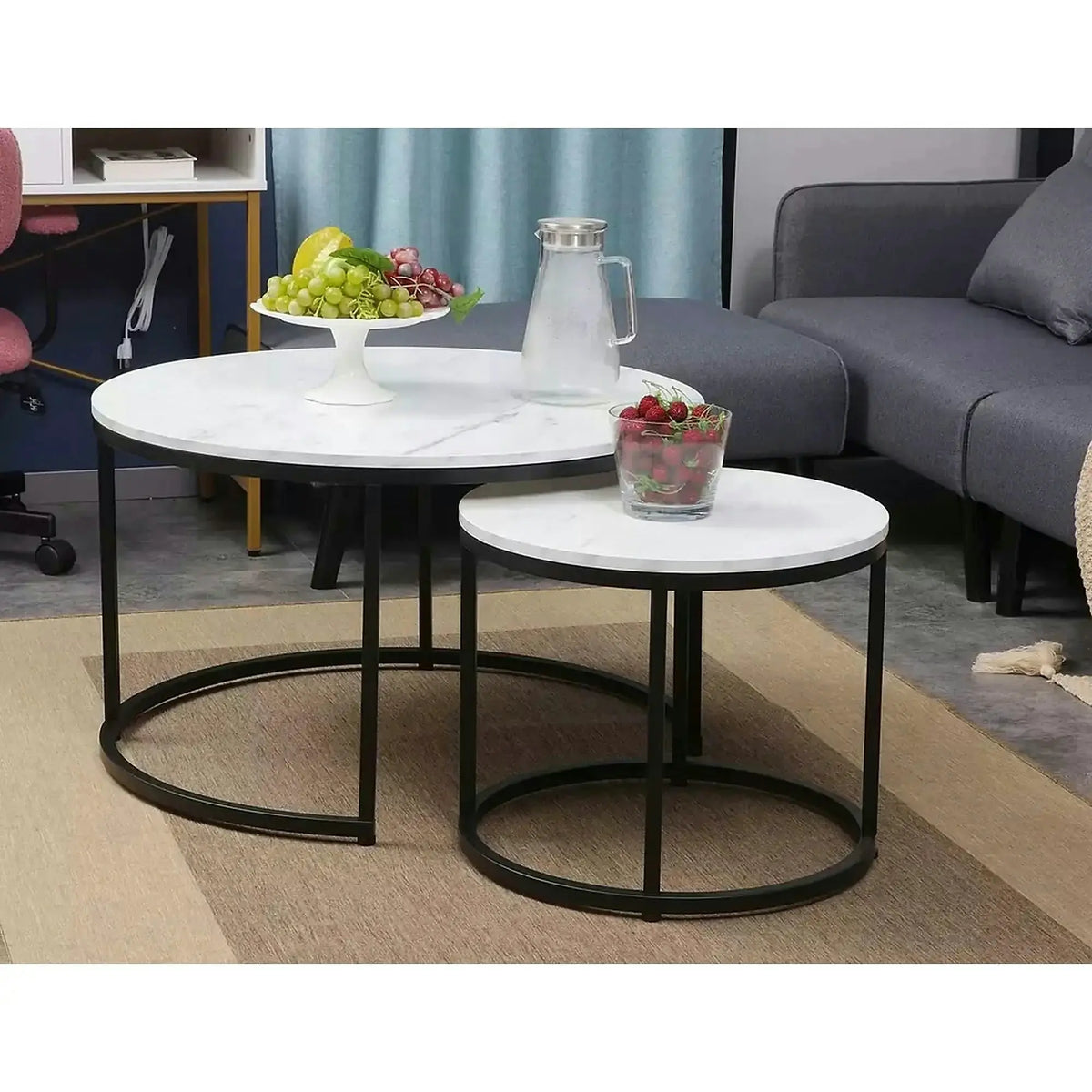 Set 2 masute cafea DION, alb cu efect de marmura/negru, PAL laminat/metal