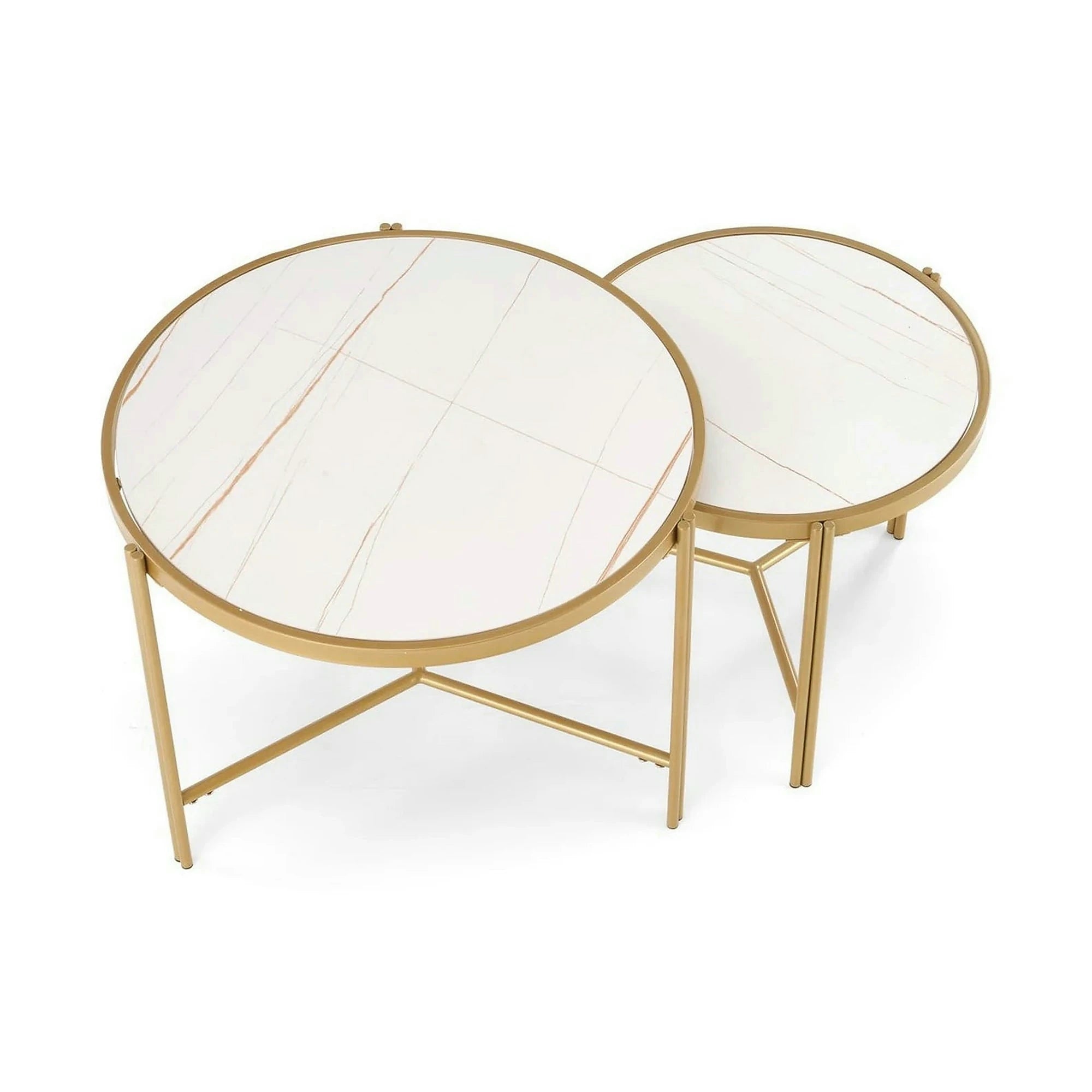 Set 2 masute cafea FATIMA, alb cu efect de marmura/auriu, ceramica/metal