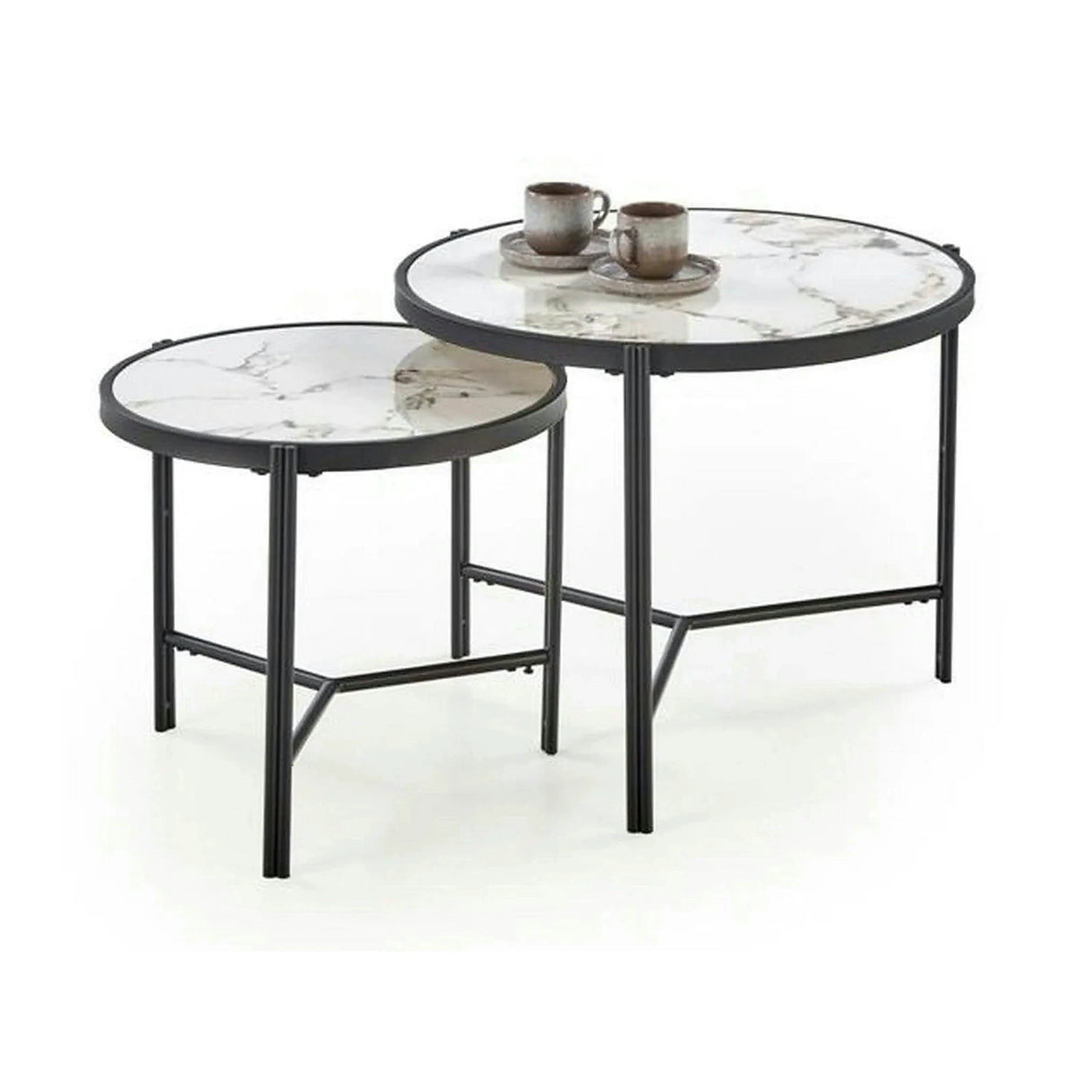 Set 2 masute cafea FATIMA, alb cu efect de marmura/negru, ceramica/metal