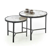 Set 2 masute cafea FATIMA, alb cu efect de marmura/negru, ceramica/metal