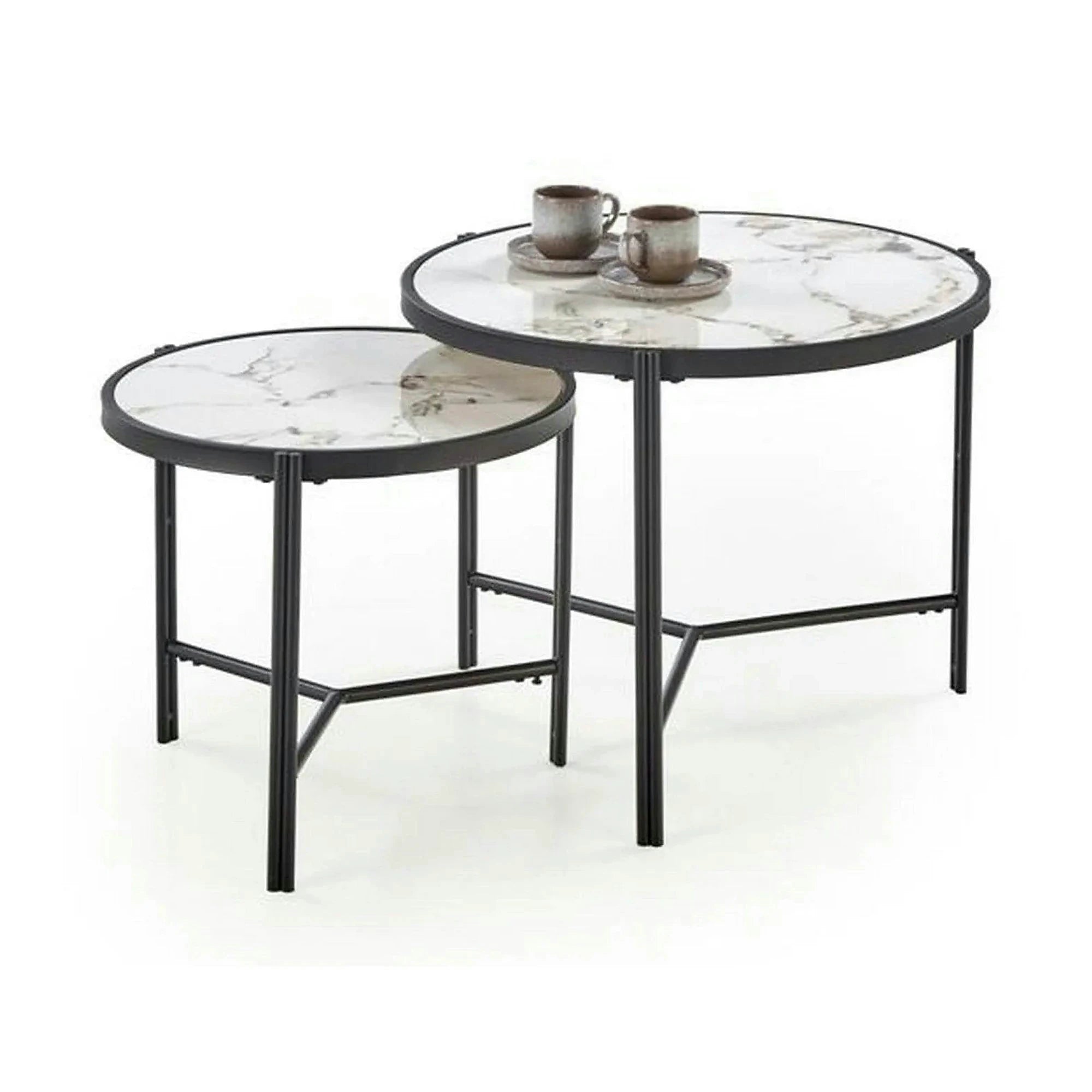 Set 2 masute cafea FATIMA, alb cu efect de marmura/negru, ceramica/metal
