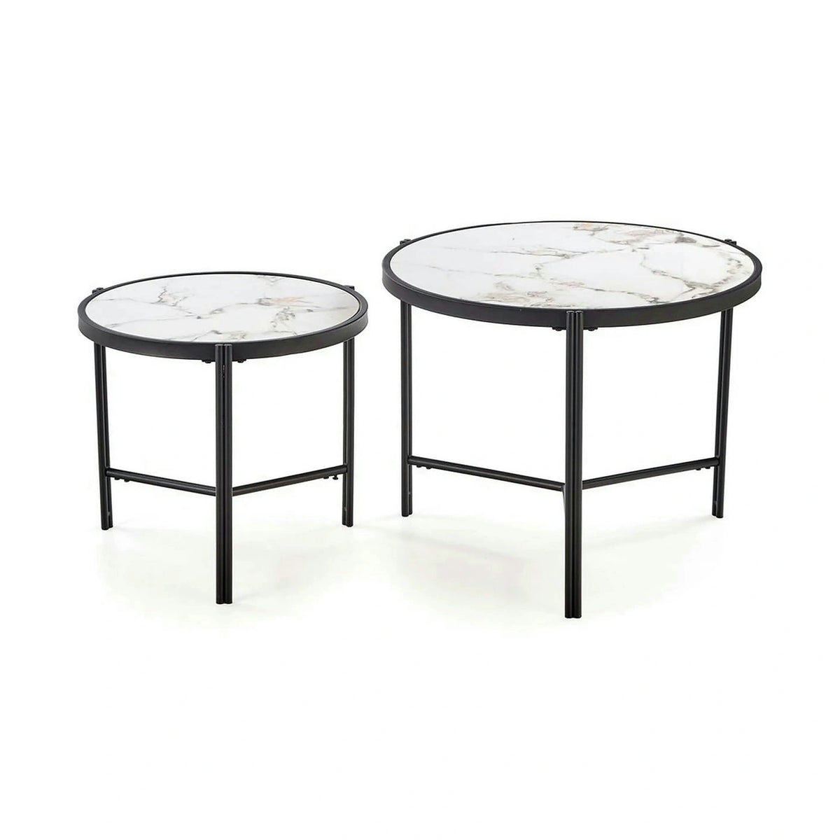 Set 2 masute cafea FATIMA, alb cu efect de marmura/negru, ceramica/metal